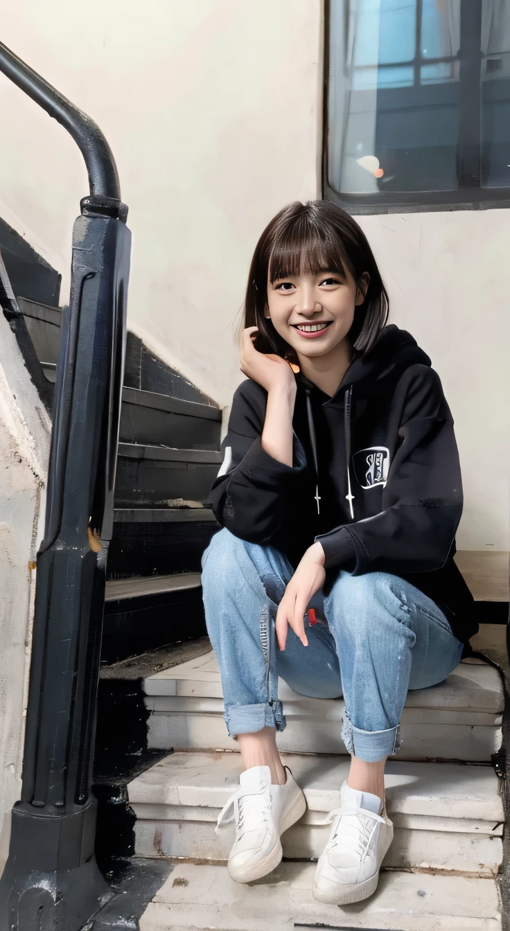 highest quality, Realistic, Very detailed, Finer details, High resolution, 8k wallpaper, One beautiful woman,Sit on the stairs、smile、、（Black socks） Oversized hoodie, Skinny jeans,（ sneakers）、Black Hair、 Beautiful Bangs、ear piercing、Perfect dynamic composition, Beautiful and detailed, Full Body Shot, A big smile waiting to start

