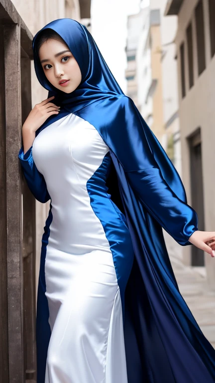 1 Indonesian girl, 25 years old, wearing dark blue hijab, white silk dress,hyper realistic, long sleeves, big breast 