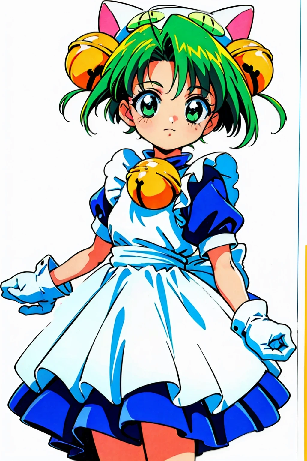 (masterpiece:1.3),(highest quality:1.4),(Super detailed:1.5),High resolution,Very detailed,unity 8k wallpaper,Official Art,Perfect Anatomy,(Anime screenshots:1.11),(90s Anime,90s Anime style,Cel-shaded anime:1.17),((alone:1.52)),(1990s \(style\), retro artstyle:1.5),(anmnr:1.7),
((dejiko:1.52)), 1girl, solo, green hair, short hair, green eyes, jingle bell, hair ornament, animal hat, cat ears, cat hat, gloves, white apron, blue dress,