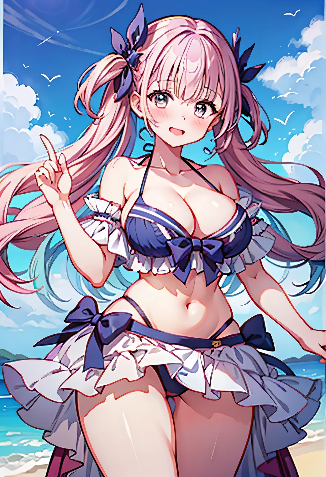 Anime illustration、highest quality、Sandy Beach、Image Video、Voluptuous gravure idol、Perfect proportions、bikini、Overwhelmingly large breasts、Very thick legs、Beautiful, shining eyes、Blushing、smile、Cowboy Shot