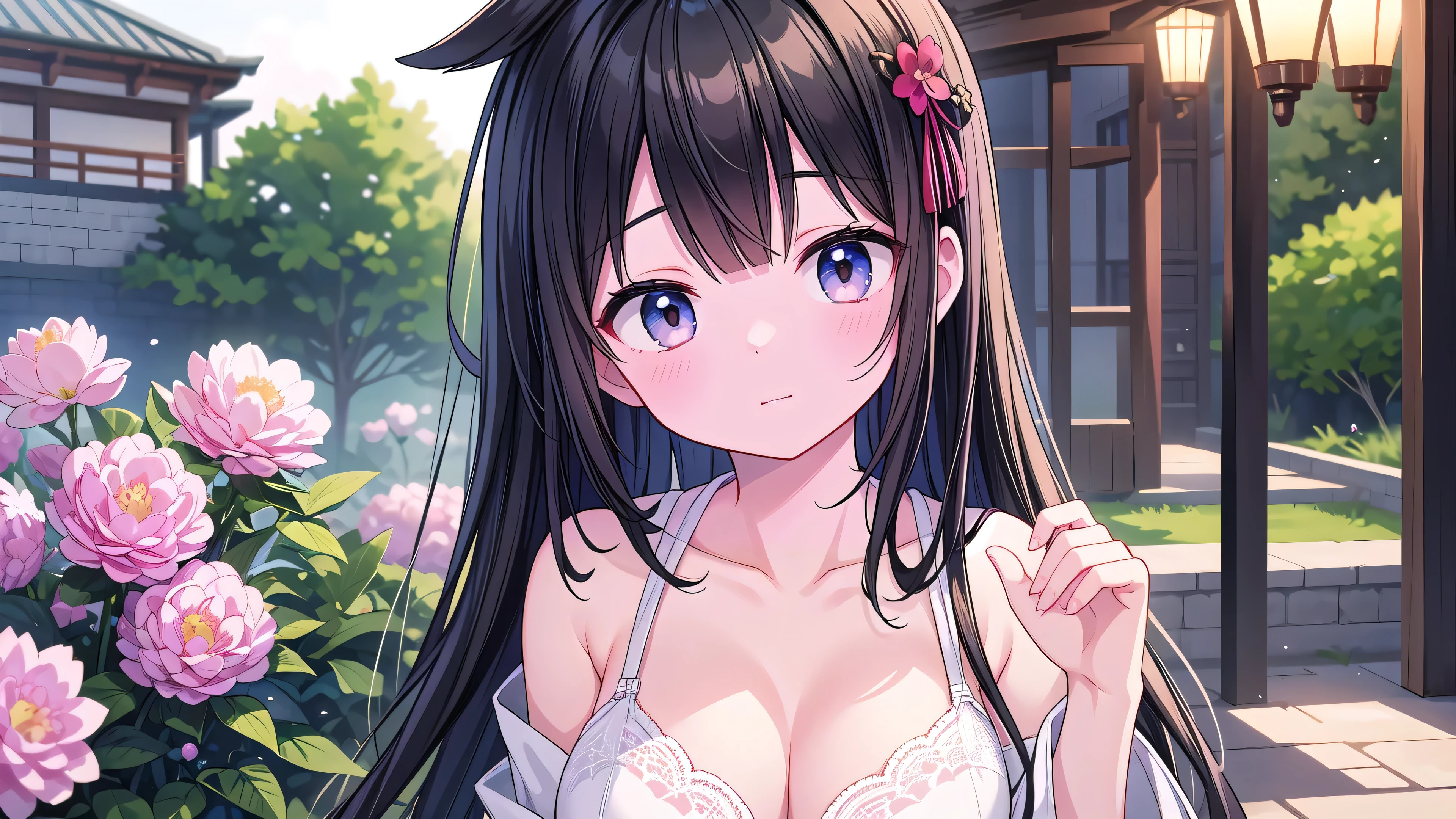 Normal of chest、masterpiece、8K wallpapers incorporating detailed CG、Two girls and two boys、14 years old、Baby Face、beautiful、Genuine、Blurred、Blurred_background、Blurred_prospect、branch、Plum offlower、depth_of_Field、flower、gem、nose、Realistic、pale black hair、alone、Shrine maiden costume、Hide your fingers、Hide your arms、Just put on a bra、whole body、Long Hair、Straight bangs、