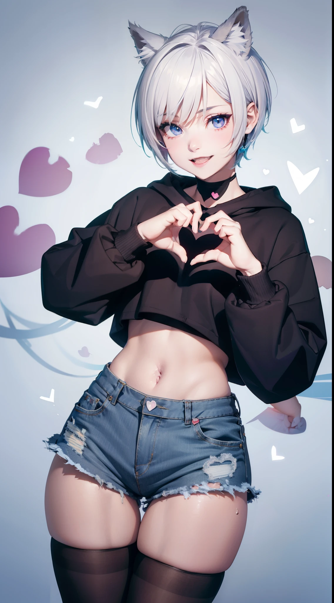 Masterpiece, wide smile, feminine boy with short (white hair), punk hair style, half shaved hair style, (horny face expression), has wolf ears, had wolf tail, (heart hands:1.5), wearing denim shorts and a cropped black hoodie, thick thighs, wide hips, wearing thigh high socks, solo, alone, no wolves, showing belly, has glowing blue eyes, flat chest,Comics,fantasia,sfw,super heroinas,onis