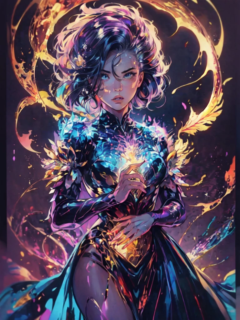 Crie uma deusa do fogo, de beleza radiante, ela utiliza um vestido feito de fogo que cobre todo seu corpo, Her hair is made of blue flames with purple, listras luminosas douradas adornam a roupa, A blue flame burns in one of his hands, and the setting is his kingdom of fire, with golden constructions