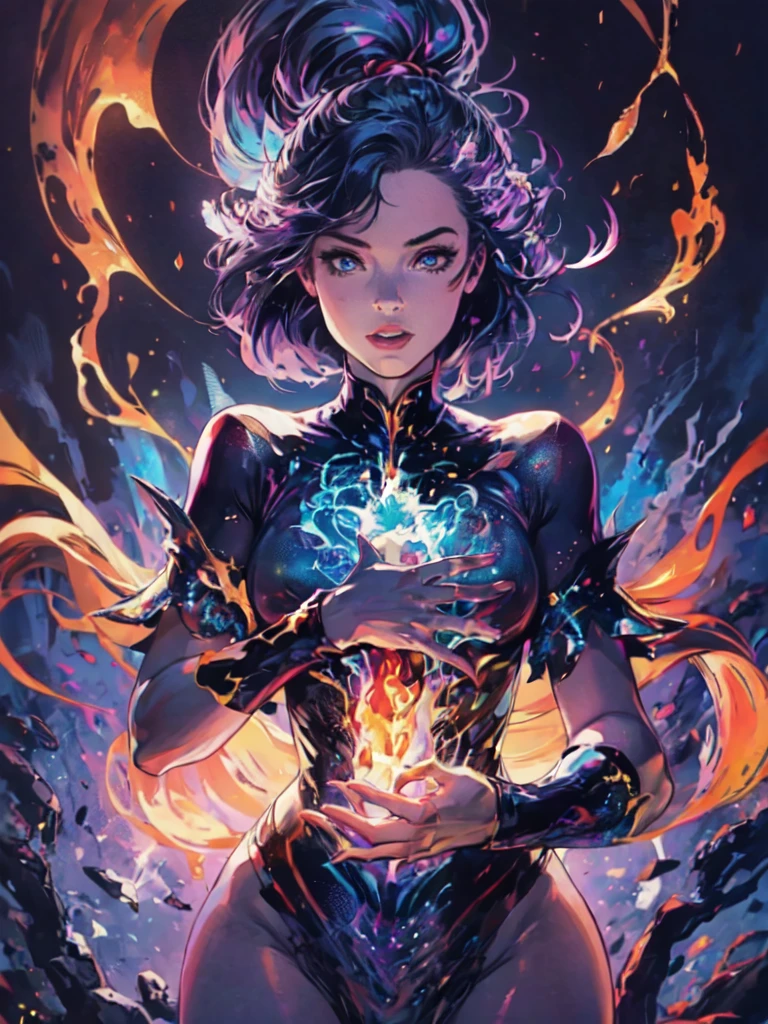 Crie uma deusa do fogo, de beleza radiante, ela utiliza um vestido feito de fogo que cobre todo seu corpo, Her hair is made of blue flames with purple, listras luminosas douradas adornam a roupa, A blue flame burns in one of his hands, and the setting is his kingdom of fire, with golden constructions