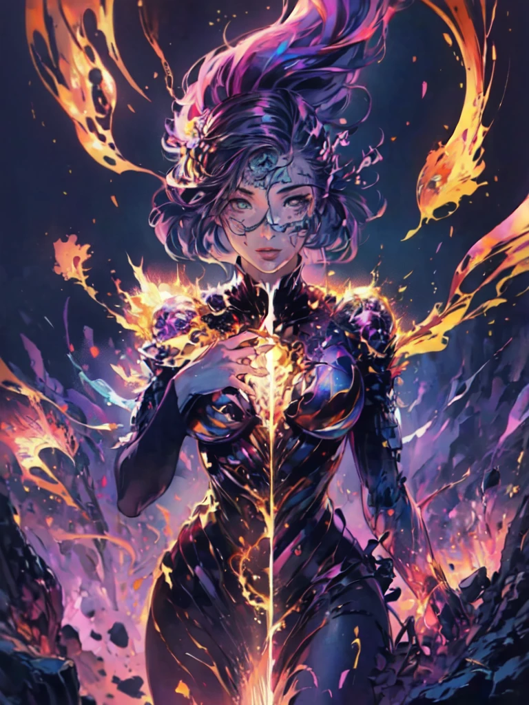 Crie uma deusa do fogo, de beleza radiante, ela utiliza um vestido feito de fogo que cobre todo seu corpo, Her hair is made of blue flames with purple, listras luminosas douradas adornam a roupa, A blue flame burns in one of his hands, and the setting is his kingdom of fire, with golden constructions