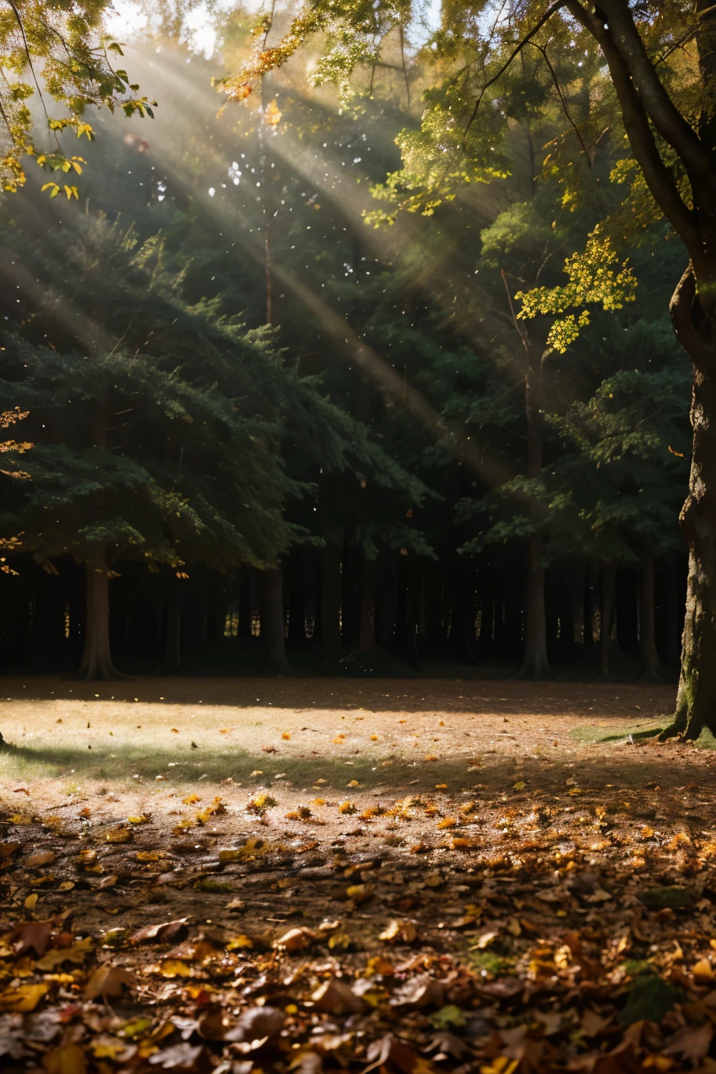 forest in late autumn, fallen leaves, sunlight penetrating through the dense crowns of trees, peaceful environment, high-quality photorealistic image, 8K, high detail, perfect accuracy, perfect composition, Elegant and charming, realistic style, warm colors, soft shadows, clear details, HD quality, higher lighting style