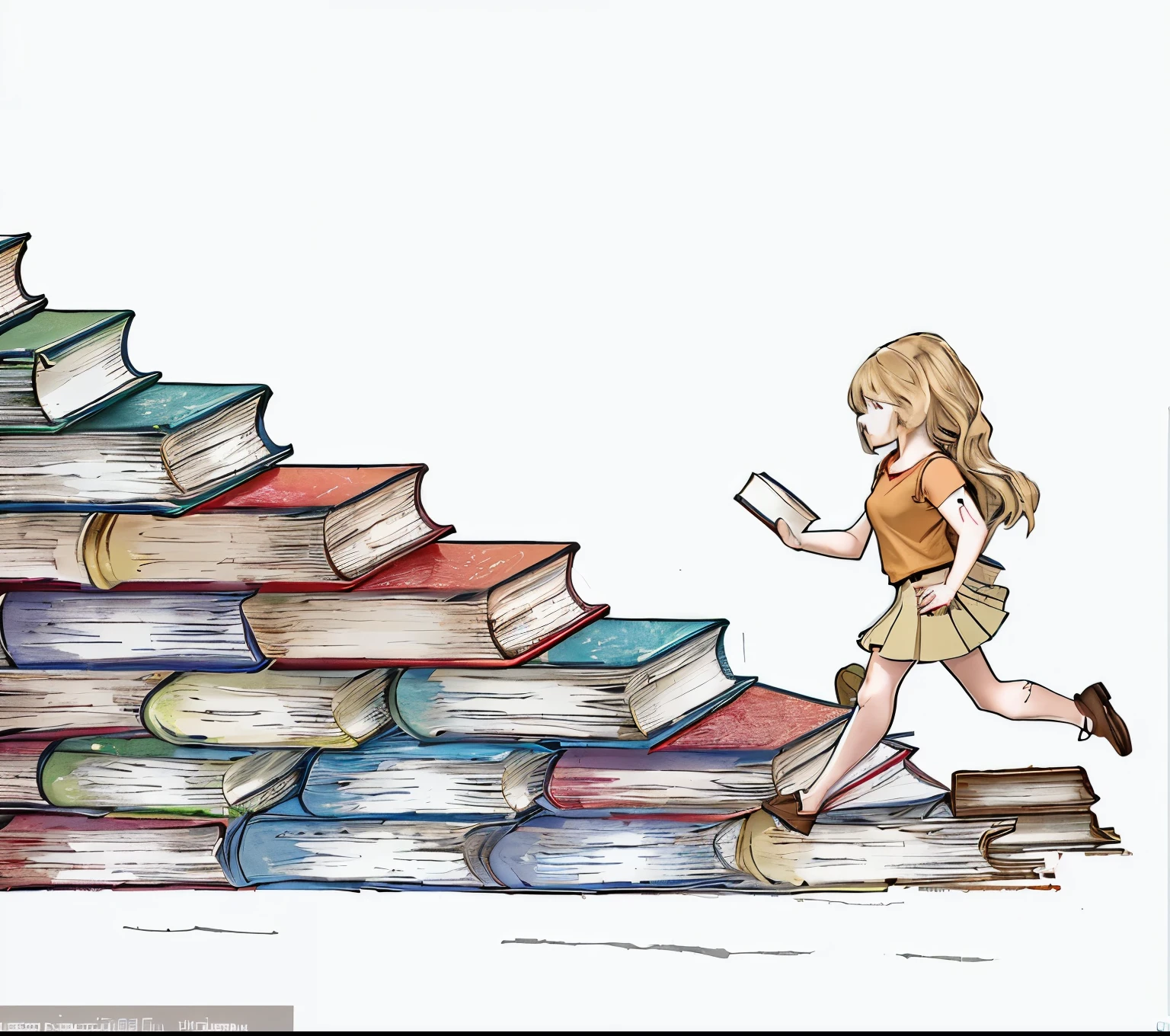 masterpiece, 4k, 1girl, pupil, solo, long hair, skirt, blonde hair, brown hair, red shirt, walking, go upstairs,  sleeveless, books,  book stack, different books, detailed books, outside background, (book_stairs),