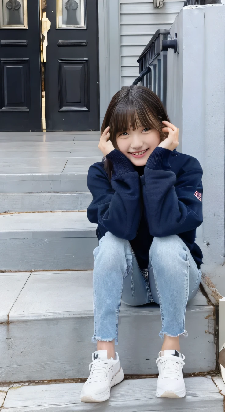 highest quality, Realistic, Very detailed, Finer details, High resolution, 8k wallpaper, One beautiful woman,Sit on the stairs、smile、、(Black socks) Oversized hoodie, Skinny jeans,( sneakers)、Black Hair、 Beautiful Bangs、ear piercing、Perfect dynamic composition, Beautiful and detailed, Full Body Shot, A big smile waiting to start