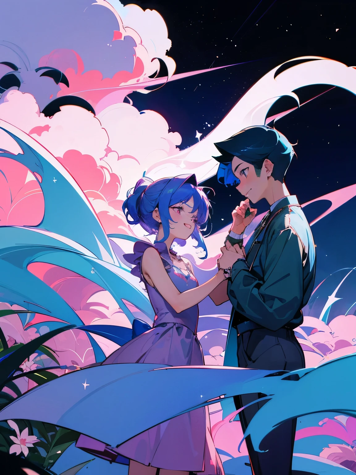cartoon of two boys in cool positions standing close together, ddlc, in the art style of 8 0 s anime, 9 0 s anime style, 90s anime style, in anime style, in an anime style, anime aesthetic, anime vibes, 9 0 s anime aesthetic, 9 0 s anime art style, lofi boys, beautiful background outside, background at night with stars and a moon, fairy lights, beautiful background in a floral garden with fairy lights at night, two cute boys, beautiful faces, two boys, don't extra hands, NO extra hands, generate two boys with NO extra hands, NO extra arm, the two boys has a short hairstyle, one boy has blue hair, the other boy has black hair, pretty faces, two cute pretty boys in a smoking dress, with amazing smile, the two boys has a pretty smile,