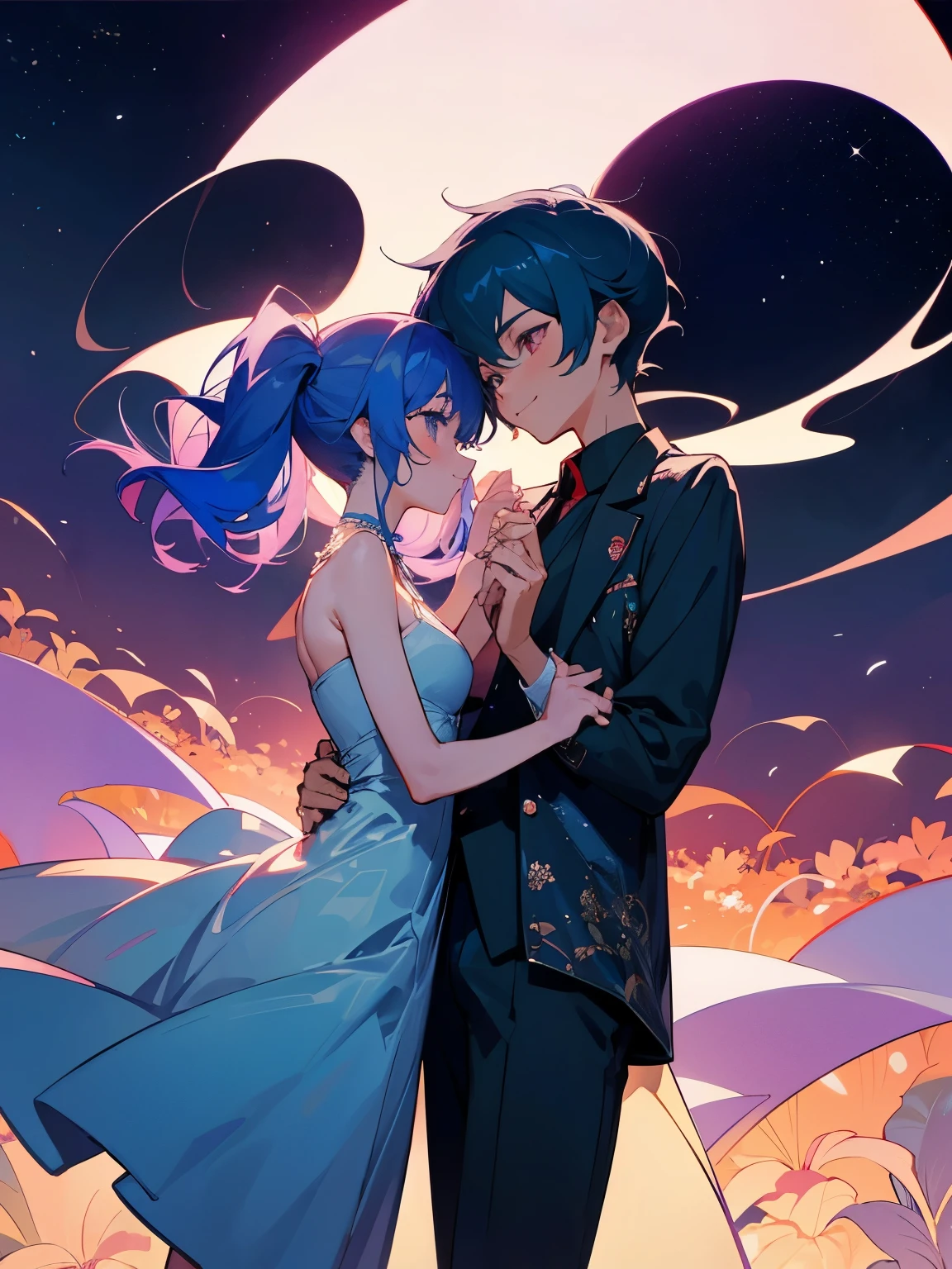 cartoon of two boys in cool positions standing close together, ddlc, in the art style of 8 0 s anime, 9 0 s anime style, 90s anime style, in anime style, in an anime style, anime aesthetic, anime vibes, 9 0 s anime aesthetic, 9 0 s anime art style, lofi boys, beautiful background outside, background at night with stars and a moon, fairy lights, beautiful background in a floral garden with fairy lights at night, two cute boys, beautiful faces, two boys, don't extra hands, NO extra hands, generate two boys with NO extra hands, NO extra arm, the two boys has a short hairstyle, one boy has blue hair, the other boy has black hair, pretty faces, two cute pretty boys in a smoking dress, with amazing smile, the two boys has a pretty smile,