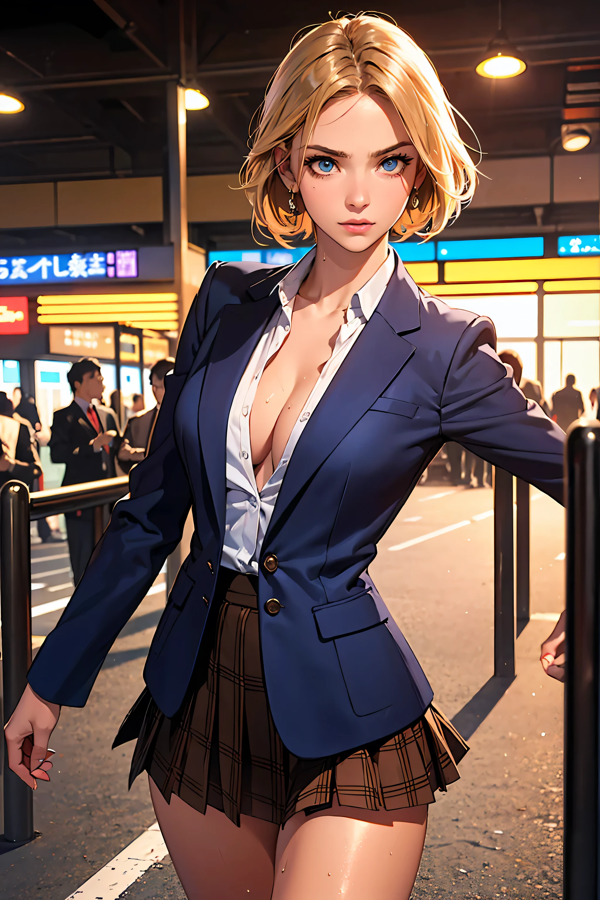 ((perfect anatomy:1.2,realistic:1.3,RAW Photography:1.3,masterpiece、highest quality、Ultra - High resolution、High resolution、Highly detailed CG、8K)),cowboy shot,1 female,solo,18-year-old、High school girl beautiful girl, Japanese,((beautiful detailed face and eyes:1.2,big gorgeous eyes:1.3,)),blonde hair,short hair,(center parted hair:1.4,forehead),large breasts,slender body,small head:1.3,skinny,(brown skin:1.3),(oily skin,gleaming skin,shiny skin,sweat),(school uniform、Dark blue blazer jacket、plaid pleated mini skirt),Shibuya Station、on street,neon、at night、Tokyo、large breasts, cleavage, 