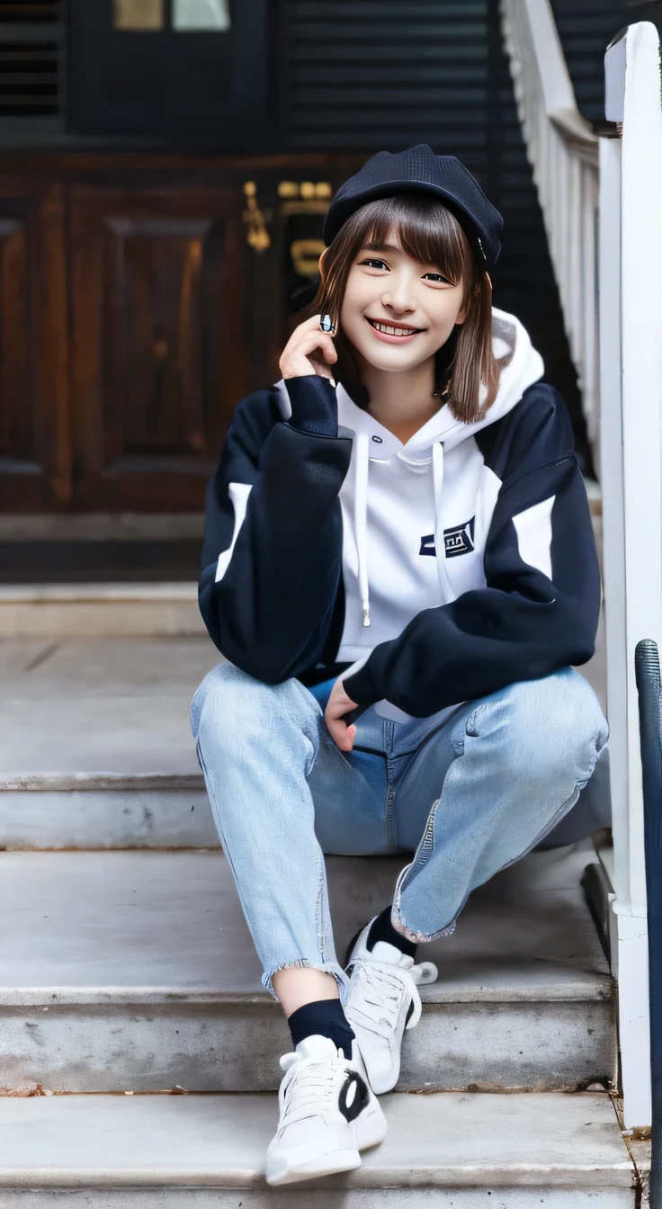 highest quality, Realistic, Very detailed, Finer details, High resolution, 8k wallpaper, One beautiful woman,Sit on the stairs、smile、、(Black socks) Oversized hoodie, Skinny jeans,( sneakers)、Black Hair、 Beautiful Bangs、hat、ear piercing、Perfect dynamic composition, Beautiful and detailed, Full Body Shot, A big smile waiting to start