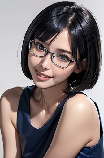 (masterpiece), (8k, best quality, high resolution), (ultra-detailed, realistic), (anatomically correct),  
((Portrait)), (Standing), (No background),
(1woman),  (looking at viewer), 
(A Japanese woman, 30 years old and 155cm tall.), 
(black hair), (straight hair), (short hair style), (bob cut), (hair behind ears), 
(wear glasses), ((black cell frame glasses)), 
((Wear a navy blue sleeveless dress)), ((Mini length dress with a simple design and minimal decoration)), 
(Wear navy blue ankle strap pumps), 
(Create a detailed image of the eye), 
(Her impression is pure, clean and kind.), 
((A captivating smile, just showing a few teeth.)), 　 
