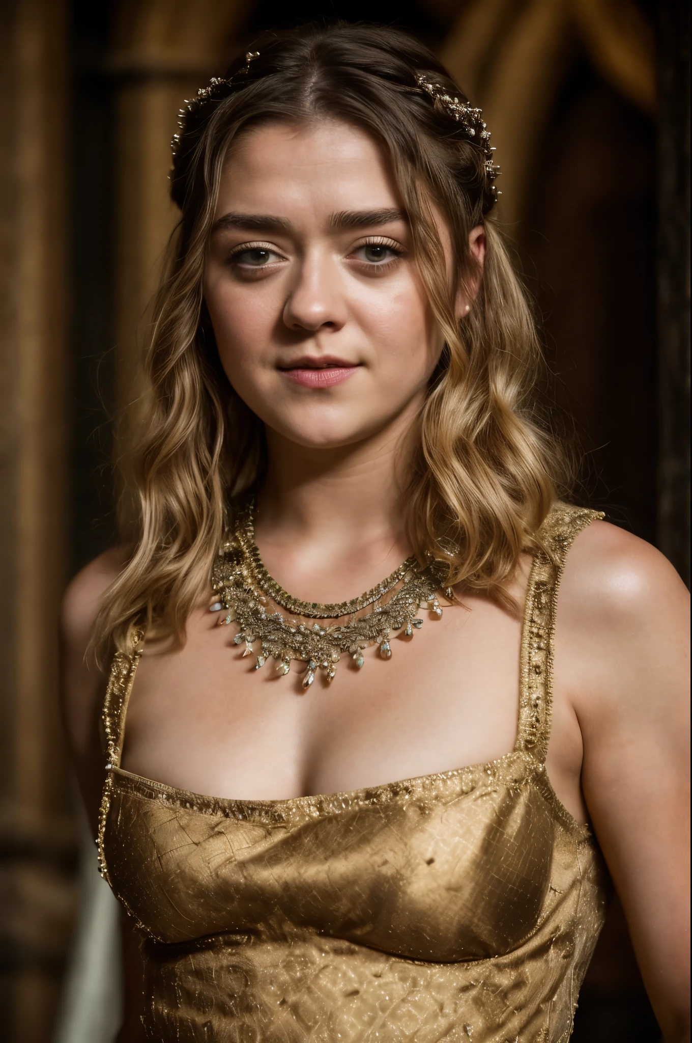 Foto RAW, Arya Stark, Extremely gorgeous lady, Arya Stark PLAYED BY MAISIE WILLIAMS, Queen Arya Stark, she  a mature woman now, milf, sexy mediaeval battle dress, gladiator woman, body, 40 years old Woman, Roman slave dress, cotton dress, busty mediaeval costumes, body revealing costumes, perky breast, big natural breast, erotic costumes, lusty physique, seductive figure can capture every people's attention, Game of thrones costumes, revealing captivating figure, Mediaeval costumes, revealing clothes, A tomboy, she would rather fence than dance, warrior queen , game of thrones screen caps, Game of Thrones Series, (pele altamente detalhada: 1.2), 8k UHD, DSLR, soft-lighting, alta qualidade, grain of film, Fujifilm XT3, flawless picture, highly detailed, detailed Beauty, intricate, 32k, sharp picture,