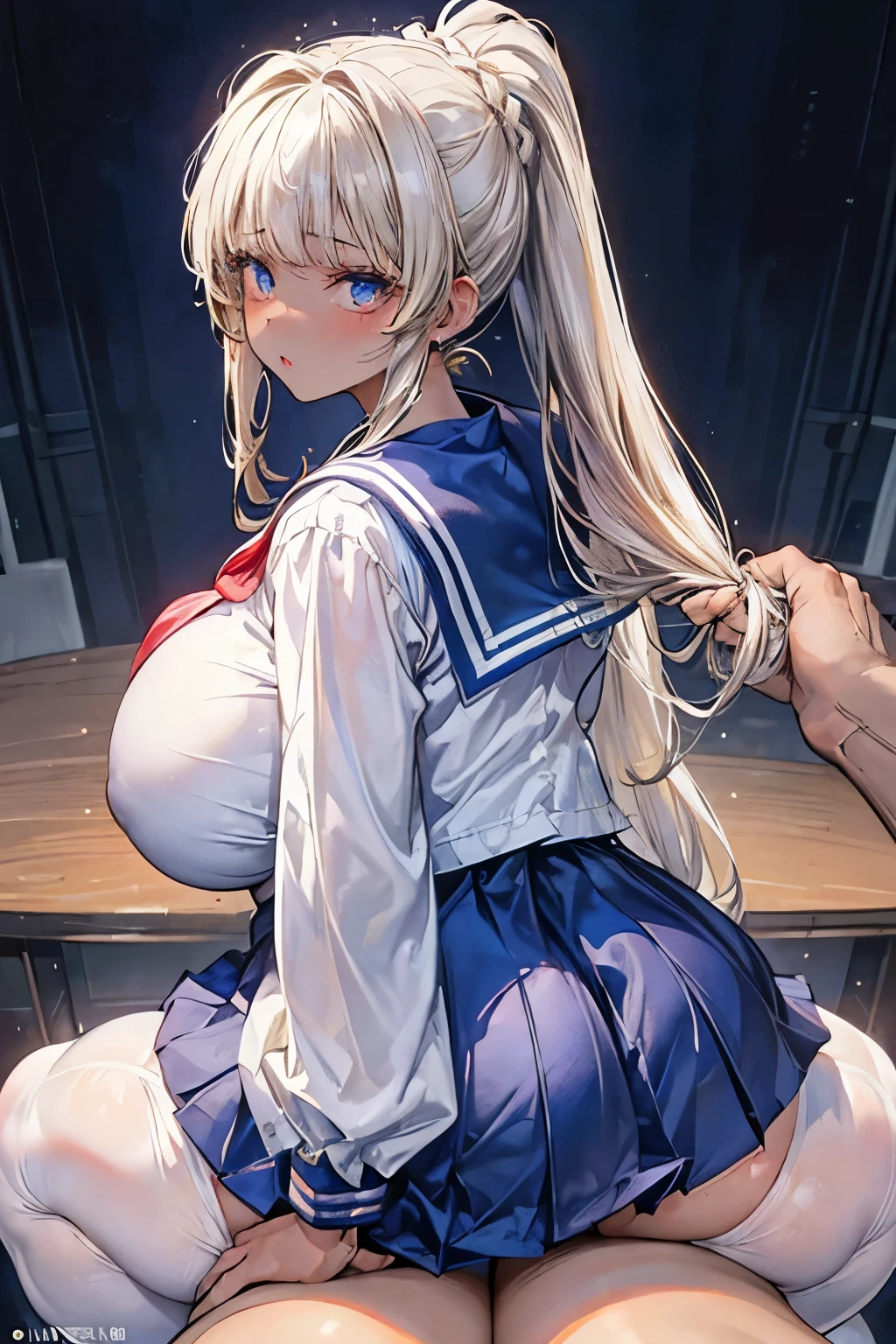 (masterpiece:1.2、highest quality、Tmasterpiece)、1 female、alone、classroom、Day、stand、whole body、Beauty、blonde、ponytail、blue eyes、(Sailor suit:1.4)、(Dark Skin:1.4)、Blake、(Looking back posture:1.2)、Big Breasts、Long sleeve、corset、Earrings、lipstick、(pantyhose:1.2)、mini skirt、Very sweaty、choker、blush、Covered breasts、Bangs braids、(Thick lips:1.2)、((pov hands grabbing girl’s hair:1.5))