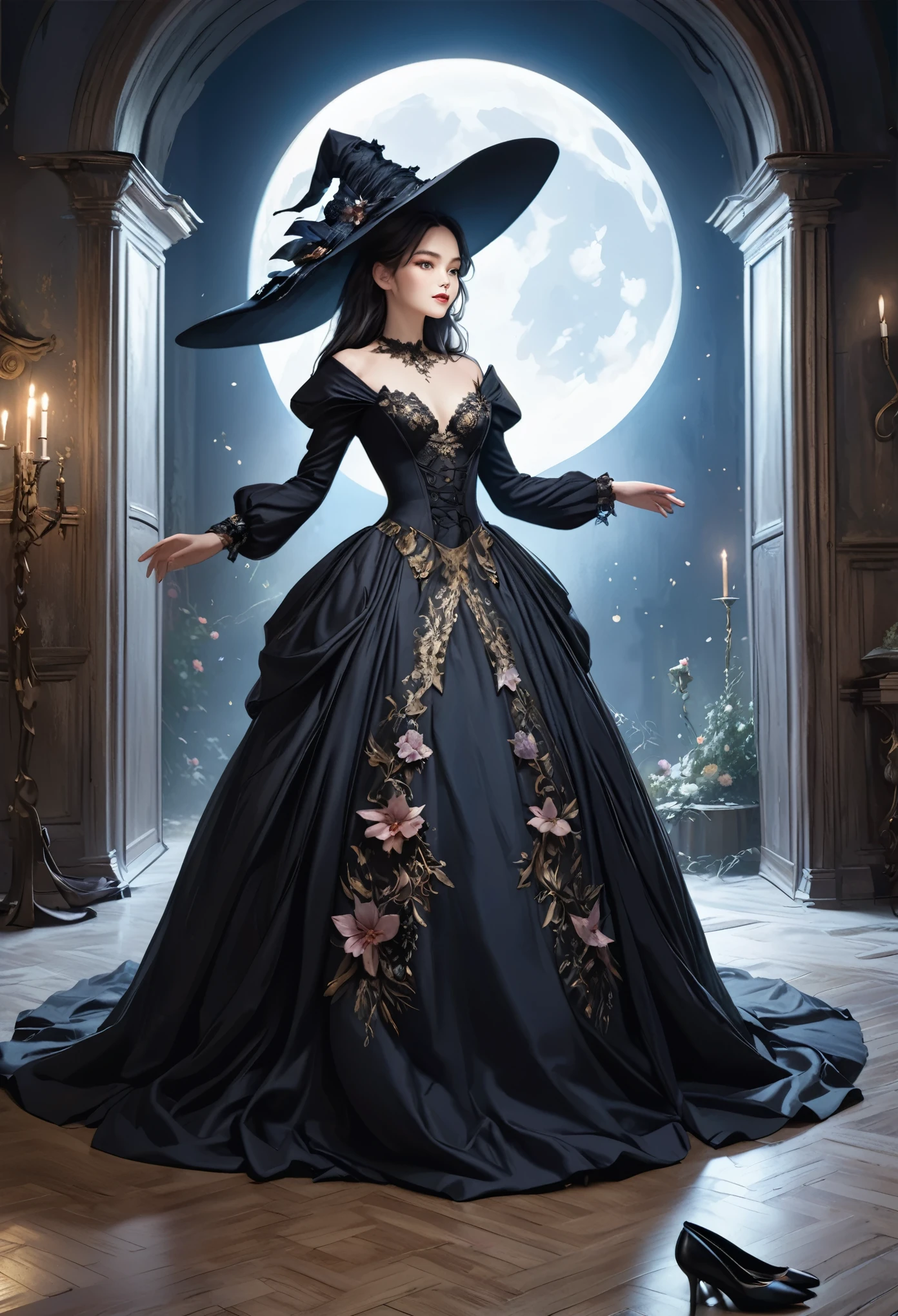 High resolution, 4K, 8K,best quality,ultra-detailed,realistic,photorealistic,best quality painting,detailed,physically-based rendering,ultra-fine painting,fine details,gothic fantasy setting,a teenage boy joins a witch coven and he gets magically transformed into a cute teenage witch girl,gender bending ritual,she embrace her new identity has a maiden of witchcraft and she’s eager to learn magic, blue-eyed,long black-haired girl looks happy,beautiful detailed eyes,beautiful detailed lips,long eyelashes,a group of friendly witches are helping dressing up the new girl in a stunning black victorian dress, physically-based rendering,gorgeous dress design,flowing gown,elaborate lace details,rich textures,contrast stitching,delicate ribbon bows,floral accents,full skirt,high neckline,long sleeves,fitted waistline,flared cuffs,lace-up back,luxurious fabrics,flawless silhouette,high heels, pink-eyed girl,effeminate face,pointy hat,high heels,corset,long black hair,witches assisting in dressing up the new girl in a stunning black Victorian dress, feminine and elegant movements, inside an abandoned castle with worned out furniture and occult symbol, moonlit night with a full moon shining above, soft and ethereal lighting, whimsical and enchanting atmosphere, breathtaking and bewitching nature, a sense of empowerment and self-discovery.