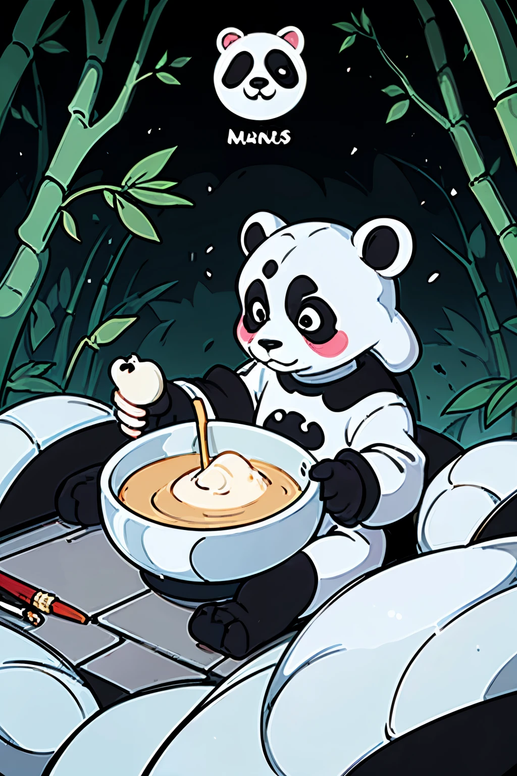 Masterpiece, coloring-book, lineart, perfect lineart, comic style, pandas bears eating bamboo in bamboo-forest, black and white