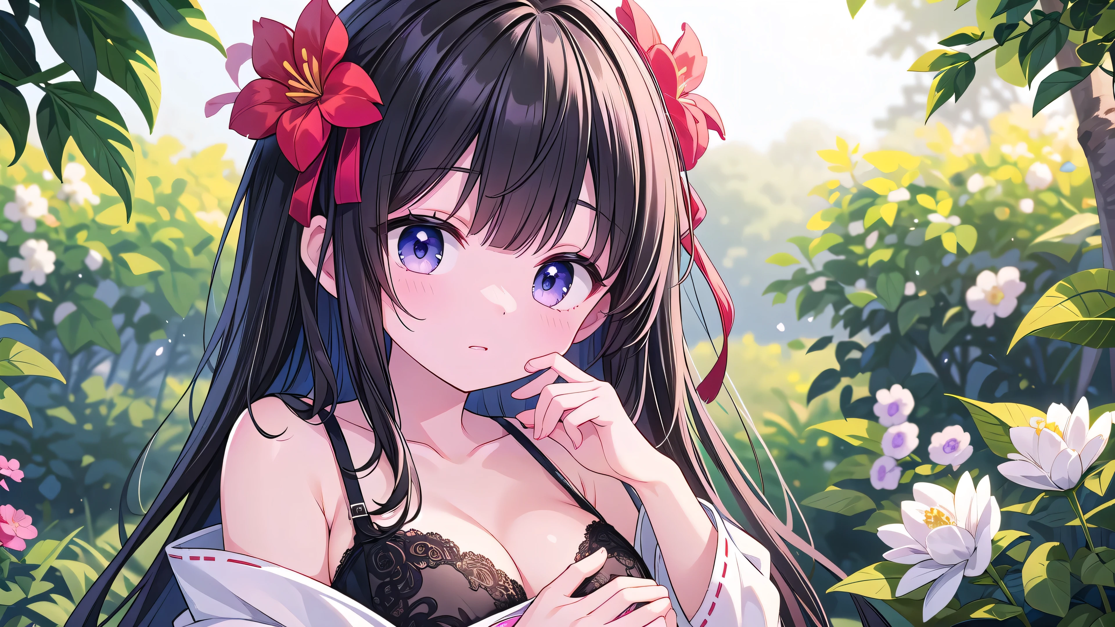 Normal of chest、masterpiece、8K wallpapers incorporating detailed CG、Two girls and two boys、14 years old、Baby Face、beautiful、Genuine、Blurred、Blurred_background、Blurred_prospect、branch、Plum offlower、depth_of_Field、flower、gem、nose、Realistic、pale black hair、alone、Shrine maiden costume、Hide your fingers、Hide your arms、Just put on a bra、whole body、Long Hair、Straight bangs、