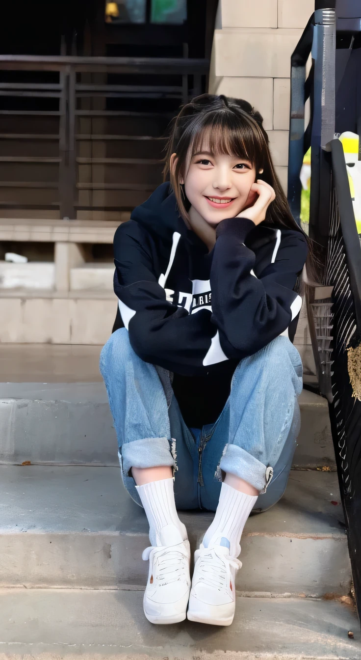 highest quality, Realistic, Very detailed, Finer details, High resolution, 8k wallpaper, One beautiful woman,Sit on the stairs、smile、、（Black socks） Oversized hoodie, Skinny jeans,（ sneakers）、Black Hair、 Beautiful Bangs、Hairstyle braid、ear piercing、Perfect dynamic composition, Beautiful and detailed, Full Body Shot, A big smile waiting to start
