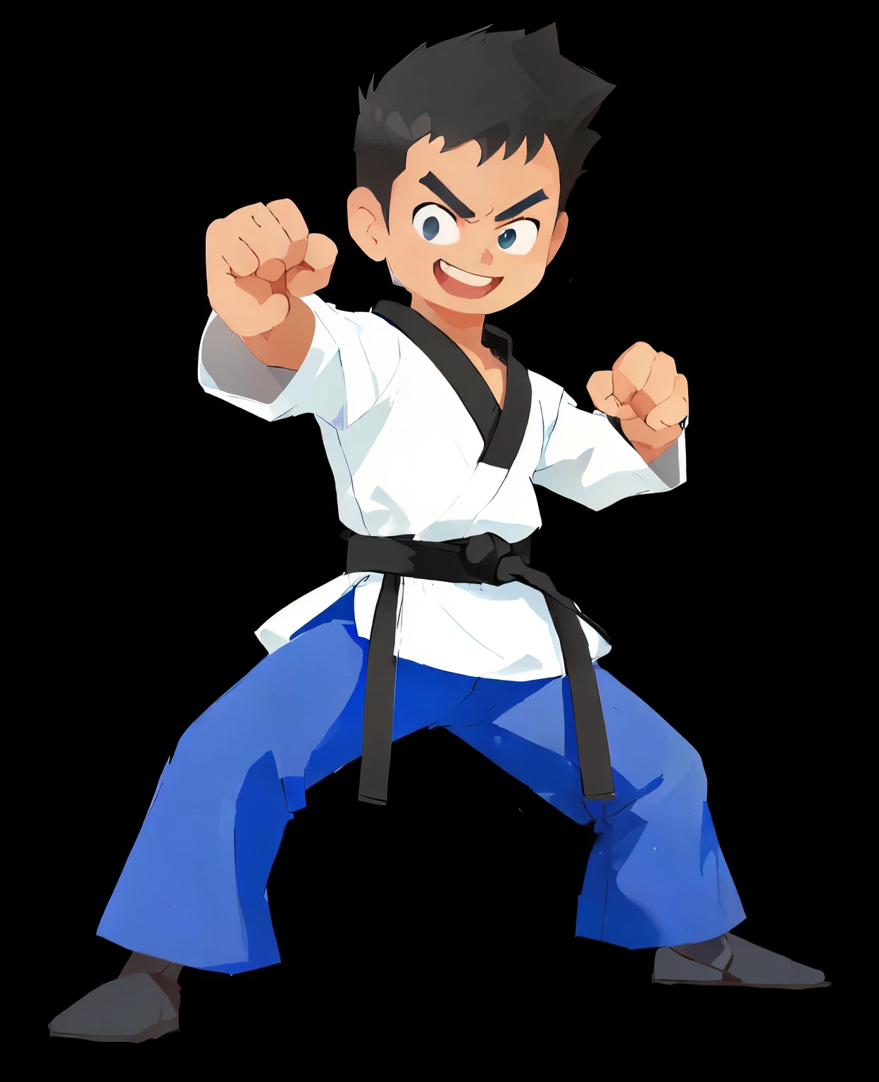 cartoon karate boy with black belt and blue pants, martial art pose, karate pose, fighting game character, fighting stance, doing martial arts, karate kick, martial arts, fighting pose, fighter pose, fighting stance energy, karate, in a fighting stance, fight pose, cartoon style illustration, in a fighting pose, cartoon illustration, karate outfit, smiling brave face