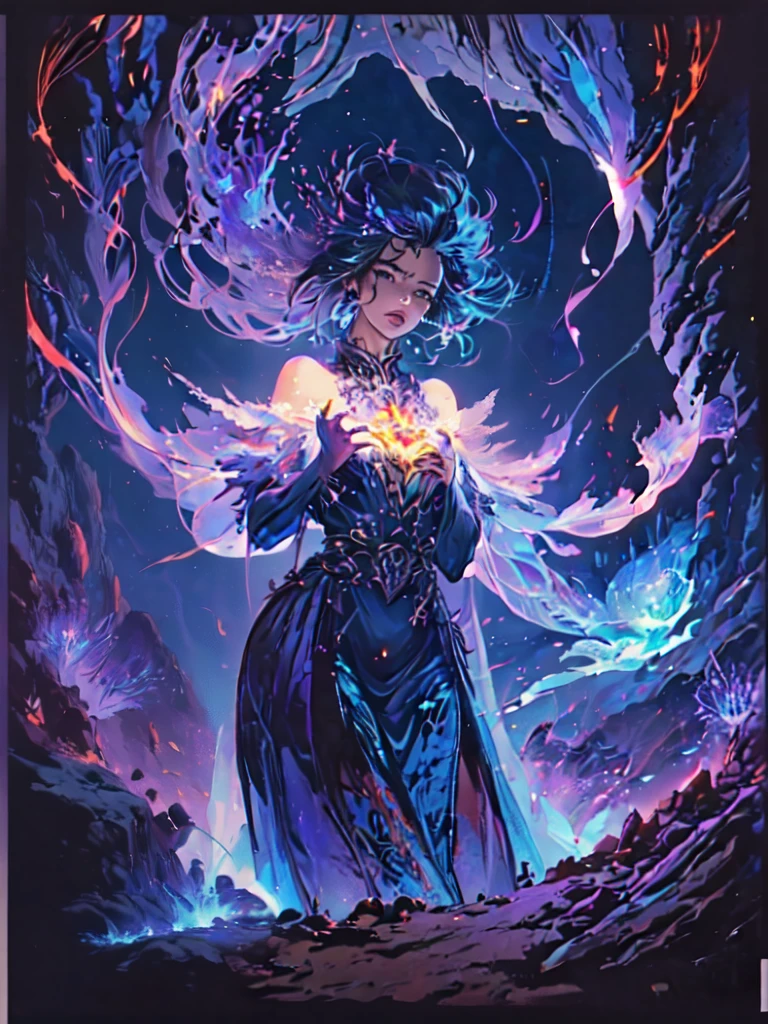 Crie uma deusa do fogo, de beleza radiante, ela utiliza um vestido feito de fogo que cobre todo seu corpo, Her hair is made of blue flames with purple, listras luminosas douradas adornam a roupa, A blue flame burns in one of his hands, and the setting is his kingdom of fire, with golden constructions