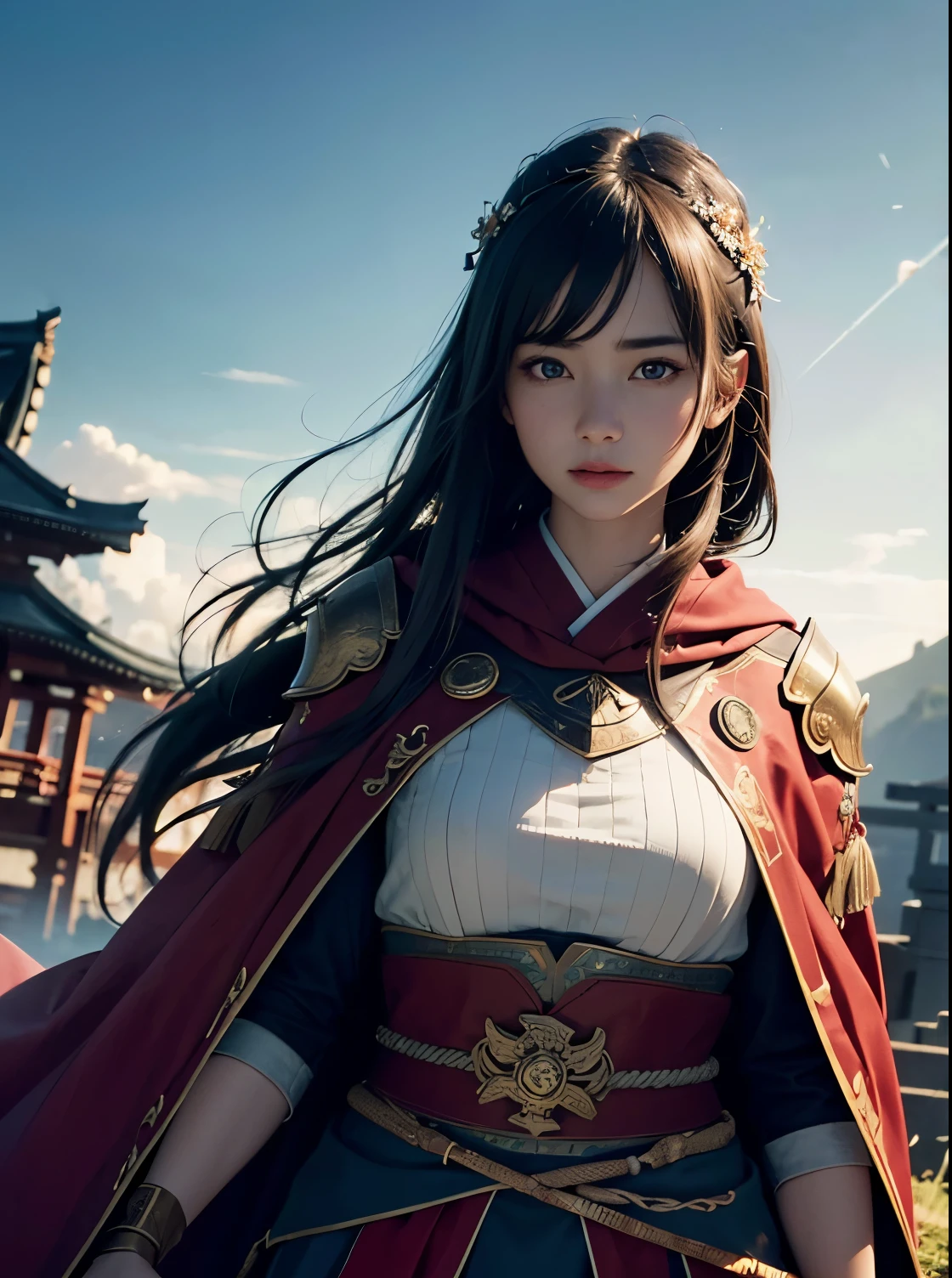 (Raw photo, Best Quality), (Realistic, Photorealsitic:1.3),Best Quality,Highly detailed,masutepiece,Ultra-detailed,Illustration  ,Victory
,1 girl warrior, 
Wear a cloak,  Japanese girl, Standing on a hill, Dynamic Angle,world masterpiece theater,Messy_long_hair,Best Quality,the Extremely Detailed CG Unity 8K Wallpapers,inky,amazing,Cinematic lighting,lens_f lare, revolution_Style, 