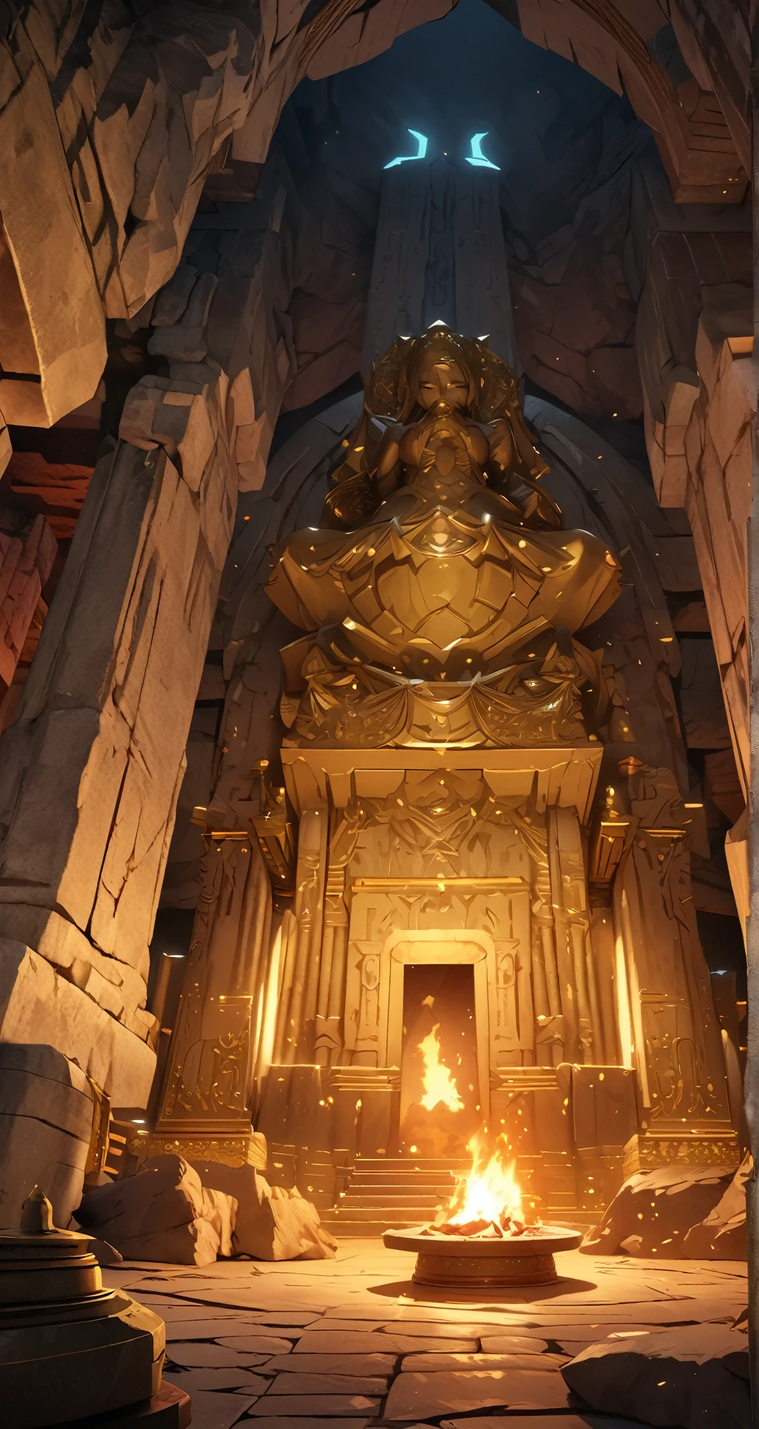 ((Masterpiece, top quality, high resolution)), ((highly detailed CG unified 8K wallpaper)), A dimly lit underground temple, a golden statue of the goddess lit by a bonfire, Hourglass Shape, 