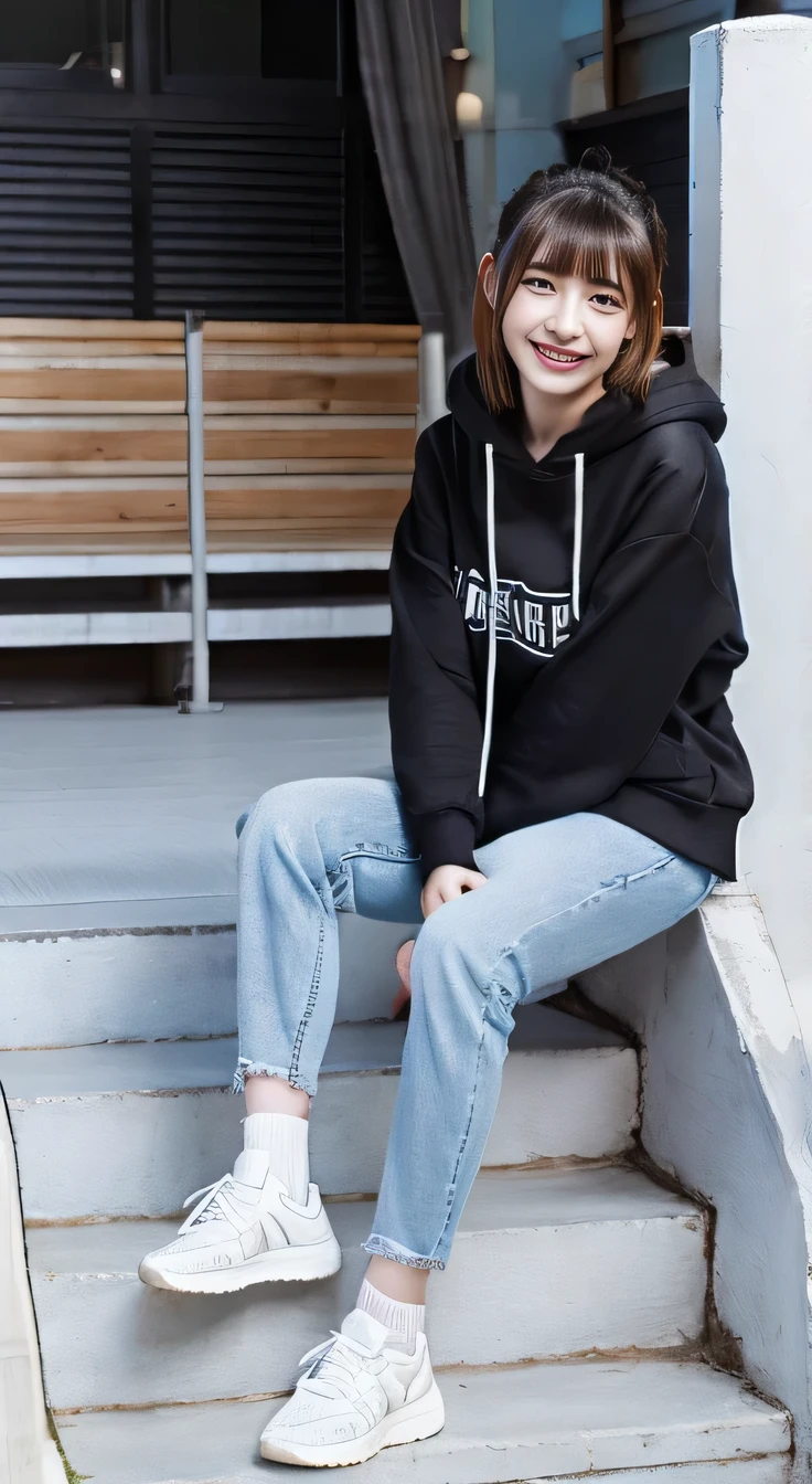 Super Resolution、Beautiful Korean Women、Full body photo、sitting on a park bench、Black Hair、ear piercing、necklace、hoodie、Skinny jeans、boots、smile、Beautiful teeth alignment