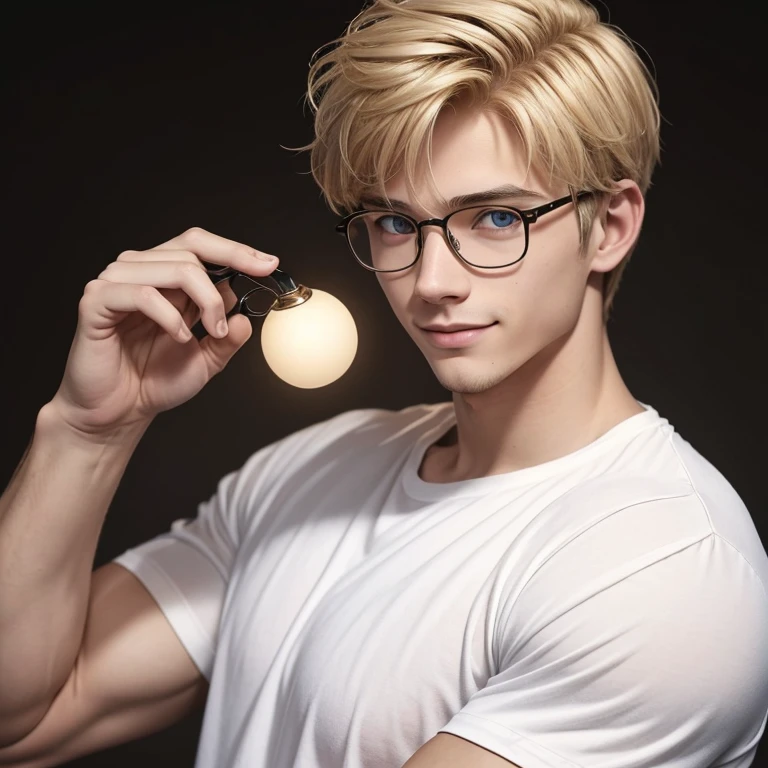 Young European man. Taned skin with very light blond hair that is just long enough to be bound in a short tale. His physic is average, he's not small and slim but also not too tall or sturdy. Doesn't really have muscle mass, but due to a health lifestyle, his body hase some definition. His eyes are light brown, almost amber and while he is clearly masculine, he hase a kind and gentle and nerdy face and a friendly smile. He has glasses. He's wearing a comfortable shirt The Background is a simple color.