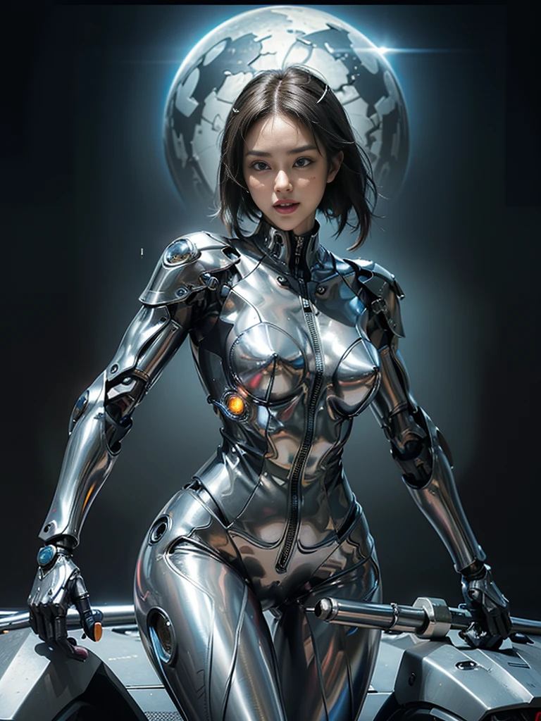 ((highest quality)), ((masterpiece)), ((Perfect Face))、（(Detailed Motorcycle)）、Detailed and clear photos、((Cyborg Woman))、((Cyborg riding sexy gunmetal jacket and leather pants))、((Riding on motorcycle))、((cybernetics))、Slender body、((Woman with a mechanical body))、Communication Headset、(((Steel Fingers)))、(((The body is mechanized)))、Full Body Shot、The background is a futuristic city、smile、（Big eyes and a beautiful face）,(Sexy cyber suit with high skin exposure）、（Sexy pose with butt sticking out）、（Teeth clean、自然なsmileがかわいい）、Laugh anyway