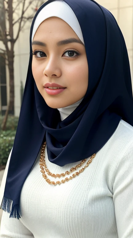 RAW, Best quality, high resolution, masterpiece: 1.3), beautiful Malay woman in hijab,Masterpiece, perfect slim fit body, Huge breast,big gorgeous eyes, Soft smile,thick thighs, a close up of a woman in a white dress and a dark blue scarf, jacked white, wearing white attire, wearing beautiful clothes, beautiful design, hijab, in crimson pink, very beautiful enga style, beautiful masterpiece, fine details. wearing gorgeous clothing, dominating white color, crimson themed , (Delicate turtleneck) , necklace, shairband, afternoon walk, City garden, Excellent lighting, Bright colors, Clean lines