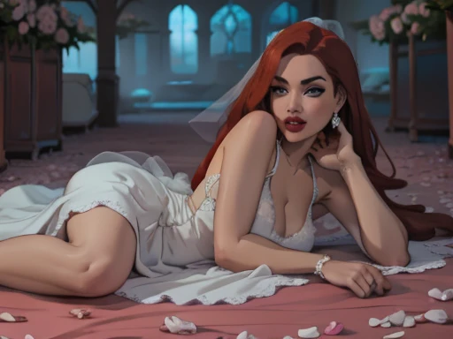 Wedding day, dreamy garden of pink flowers, bride red hair, heavy makeup, eyelashes, red lipstick, crystal blue eyes, high detail white wedding dress, sexy breasts, pink damask roses garden background, amazing sky, waiting , Legs_together , fucked from side