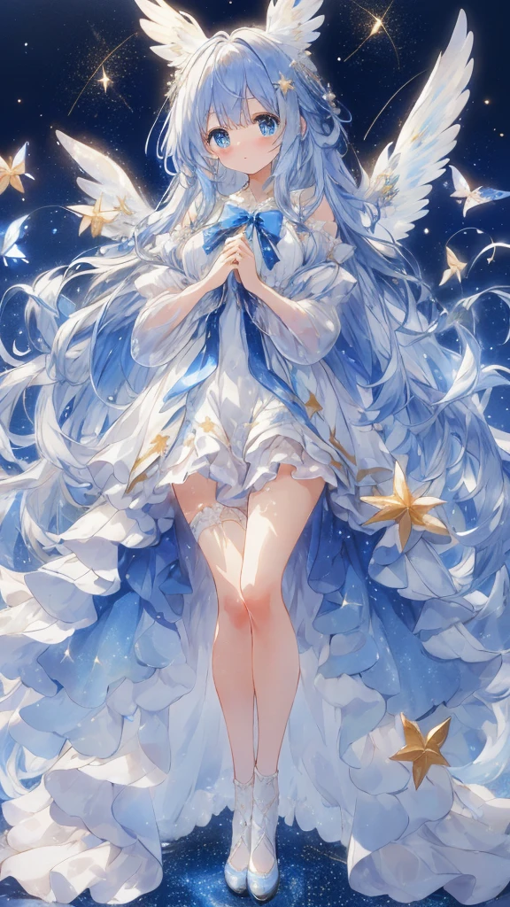 A sparkling, cute atmosphere inspired by the constellations. She is a beautiful moe anime style girl with big sparkling blue eyes and a fluffy look. Full body. She wears a starry sky-colored dress with fine delicate ruffles and many ribbons and star-shaped ornaments. She has fantastic, delicate, translucent white wings that give off an aura of magical light that accentuates the fantastic atmosphere. Her long hair is voluminous and wavy. Ribbons adorn her hair, giving her a cute and whimsical look. The background is a dreamy dance of dust with a faint glow. The sky is a beautiful starry sky, the soft blue enhancing her fantastic and gentle atmosphere. (( highest image quality, highest quality ))