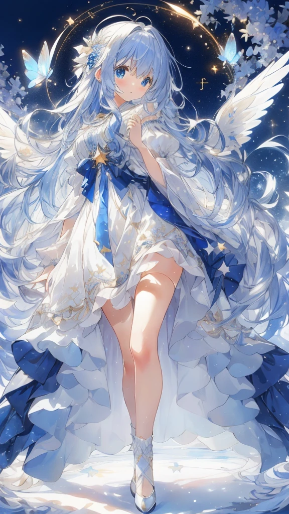 A sparkling, cute atmosphere inspired by the constellations. She is a beautiful moe anime style girl with big sparkling blue eyes and a fluffy look. Full body. She wears a starry sky-colored dress with fine delicate ruffles and many ribbons and star-shaped ornaments. She has fantastic, delicate, translucent white wings that give off an aura of magical light that accentuates the fantastic atmosphere. Her long hair is voluminous and wavy. Ribbons adorn her hair, giving her a cute and whimsical look. The background is a dreamy dance of dust with a faint glow. The sky is a beautiful starry sky, the soft blue enhancing her fantastic and gentle atmosphere. (( highest image quality, highest quality ))