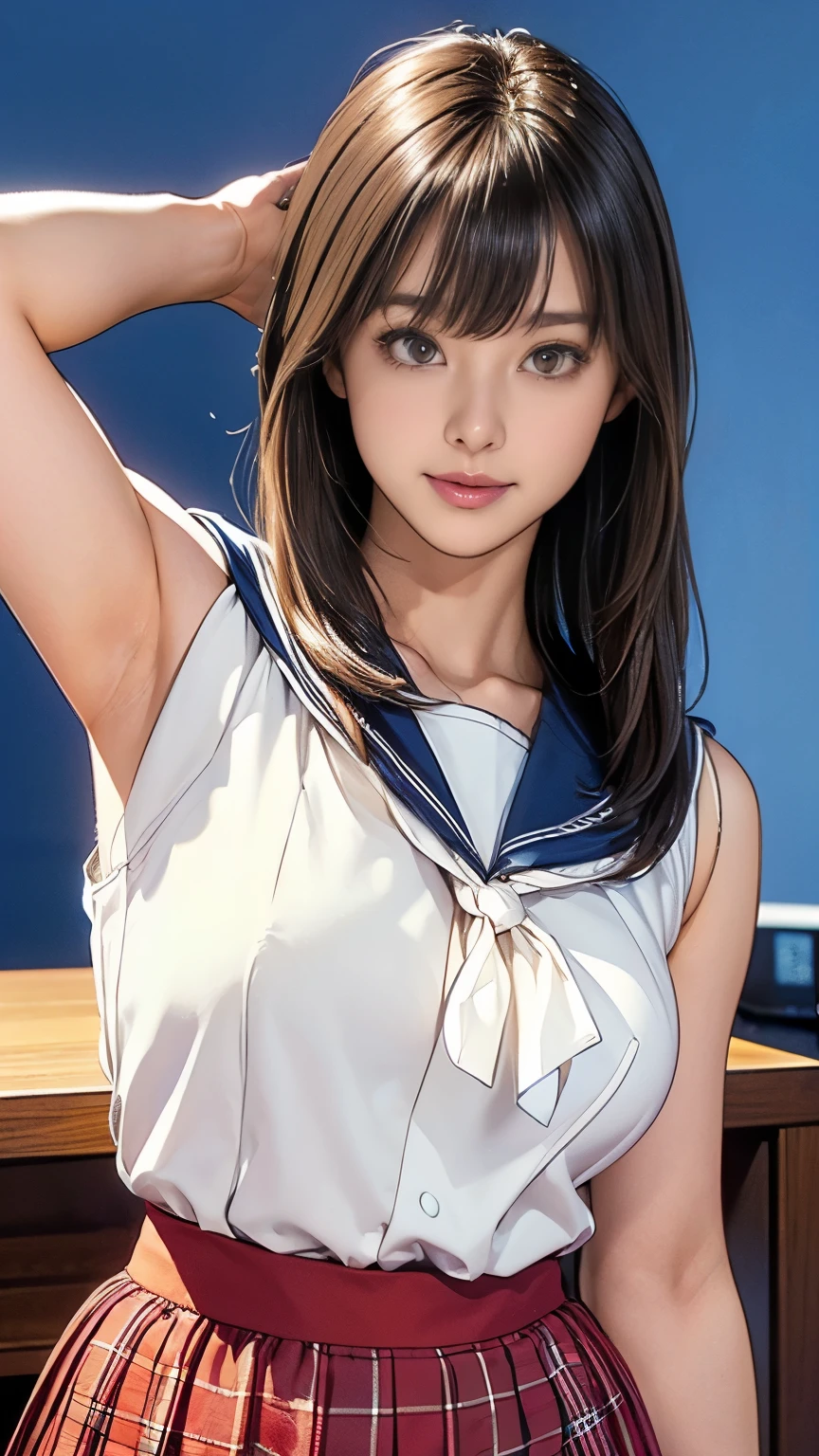 Highly detailed CG Unity 8k wallpaper, Very delicate and beautiful, Shockingly, Finely, official art, absurd, incredibly absurd,  Ultra Detailed,The light shines on your face,Looking at the audience, (perfect woman image), Slimウエスト, Full Body Esbian,  permanent, ((Sailor Suit, Plaid skirt, Collared shirt, abdomen, Open your clothes, sleeveless tops)), bare arm, Bangs, (best quality, 4K, On the table: 1.3), Beautiful Japanese Araphi woman、1５age、Surreal, 1 girl,The face is rich in detail,Lip detail, Beautiful eyes,double eyelids, (Beautiful and delicate lips),Sexy face、Light brown hair、Medium Length Hair、(Seductive figure: 1.2), (Thin waist:1.1)、Flowing hair、((Solitary))、 Half-smile, Color Background, Looking at the audience,big breasts Thin waist,Movie Lighting, ((15ageの女の子, Slim, Thin waist, Thin thighs, Thin arms)), ((Raise your arms, Expose your armpits))