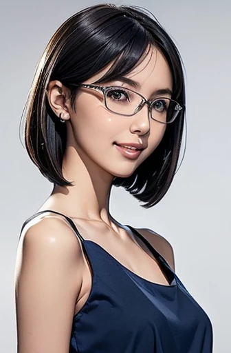 (masterpiece), (8k, best quality, high resolution), (ultra-detailed, realistic), (anatomically correct),
((Portrait)), (Standing), (No background),
(1woman), (looking at viewer),
(A Japanese woman, 30 years old and 155cm tall.),
(black hair), (straight hair), (short hair style), (bob cut), (hair behind ears),
(wear glasses), ((black cell frame glasses)),
((Wear a navy blue sleeveless dress)), ((Mini length dress with a simple design and minimal decoration)),
(Wear navy blue ankle strap pumps),
(Create a detailed image of the eye),
(Her impression is pure, clean and kind.),
((A captivating smile, just showing a few teeth.)),