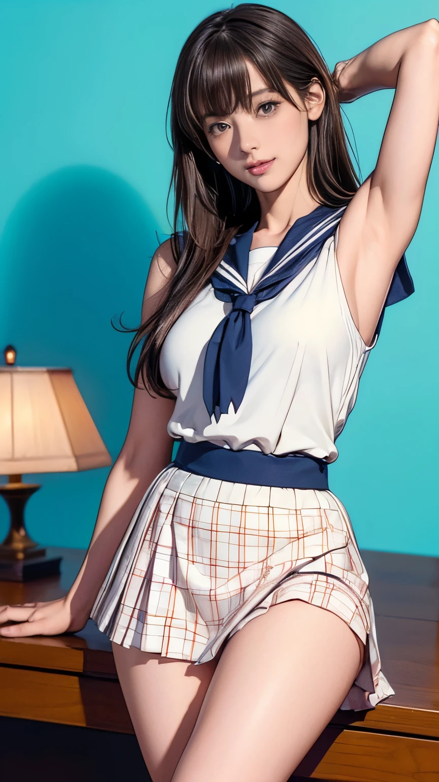 Highly detailed CG Unity 8k wallpaper, Very delicate and beautiful, Shockingly, Finely, official art, absurd, incredibly absurd, Ultra Detailed,The light shines on your face,Looking at the audience, (perfect woman image), Slimウエスト, Full Body Esbian, permanent, ((Sailor Suit, Plaid skirt, Collared shirt, abdomen, Open your clothes, sleeveless tops)), bare arm, Bangs, (best quality, 4K, On the table: 1.3), Beautiful Japanese Araphi woman、15age、Surreal, 1 girl,The face is rich in detail,Lip detail, Beautiful eyes,double eyelids, (Beautiful and delicate lips),Sexy face、Light brown hair、Medium Length Hair、(Seductive figure: 1.2), (Thin waist:1.1)、Flowing hair、((Solitary))、 Half-smile, Color Background, Looking at the audience,big breasts Thin waist,Movie Lighting, ((15ageの女の子, Slim, Thin waist, Thin thighs, Thin arms)), ((Raise your arms, Expose your armpits))