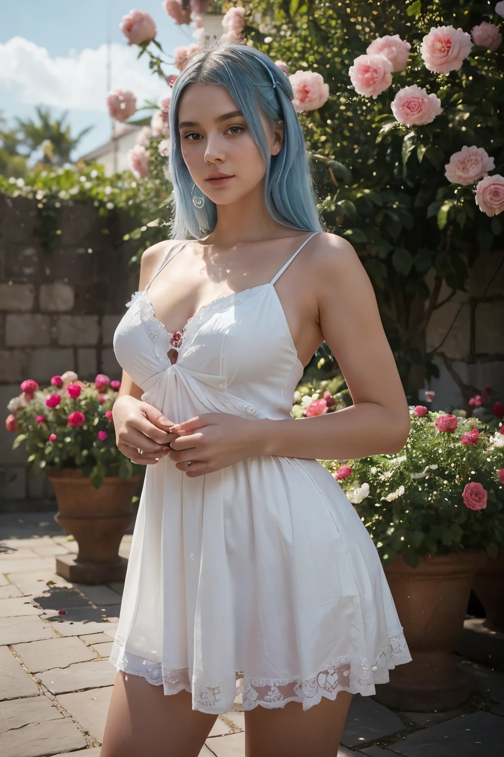 A full-Length Portrait of a Girl: A captivating cinematic masterpiece showcases a 25-year-old girl in a stunning short white dress. The girl, with light blue hair cascading just below her shoulders, offers an alluring contrast against the azure hue of her attire. Her confident gaze is firmly locked on the camera, her eyes, as radiant as a clear sky, reflecting intensity and self-assurance.
Barefoot and with a heart clutched in her hands, she stands amidst an enchanting scene of vibrant red peonies and exquisite blue roses. The photo captures every intricate detail of her. Shot using a RED Komodo camera in 8k