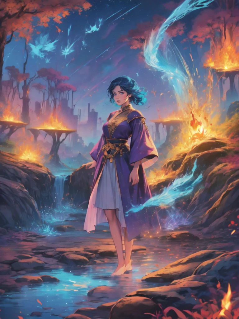 Crie uma deusa do fogo, de beleza radiante, ela utiliza um vestido feito de fogo que cobre todo seu corpo, Her hair is made of blue flames with purple, listras luminosas douradas adornam a roupa, A blue flame burns in one of his hands, and the setting is his kingdom of fire, with golden constructions