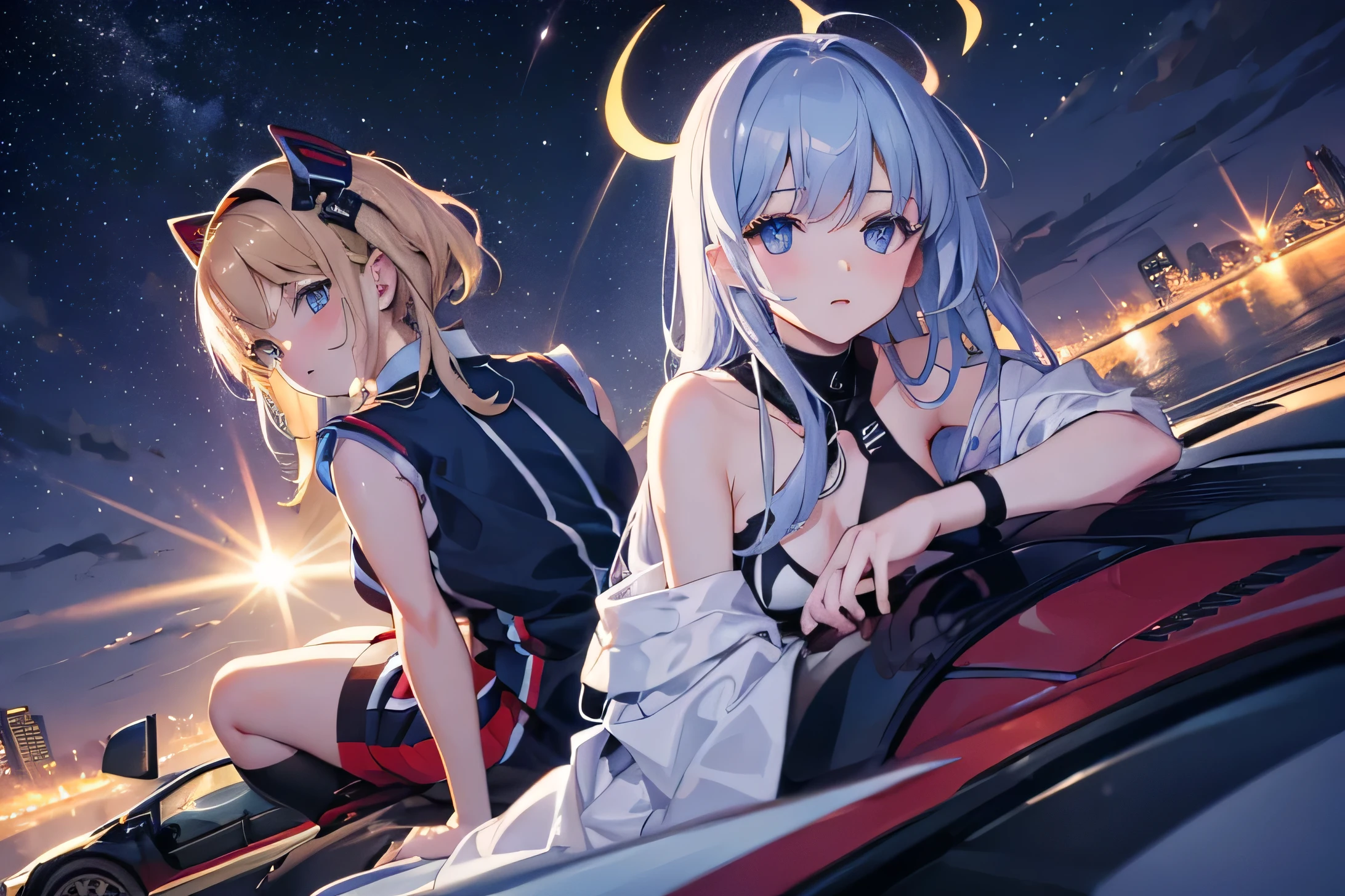 Close-up of two girls lying on a Supra The background is a night highway