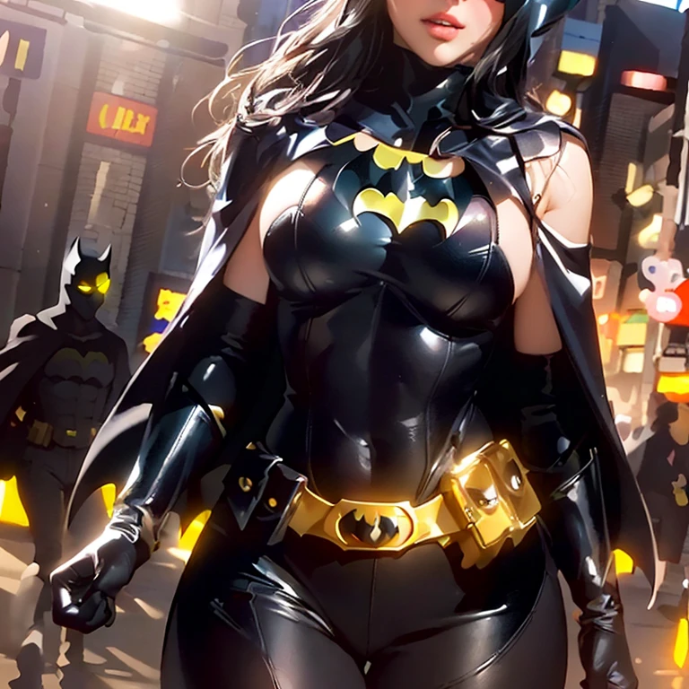 Pretty Caucasian (female), Sarah Shahi, a slim but muscular body, huge breasts, dark brown hair, blue eyes, as Bat-Girl) the batgirl is on a cyberpunk skyscraper, (((black latex batgirl costume with yellow [[[bat]]] motif, [[[black micro miniskirt, ((ultra micro miniskirt)), very very micro skirt exposing full beautifull sexy thighs]]]))), raining cyberpunk city background, night time, neon bloom lighting, soft watercolors wash base, beautiful (((short dark brown hair))) with a small amount of freckles and (detailed blue eyes), exquisite detail, (((intricately embellished))) (knee high black boot), hyper realism, ornate, athletic and fit, masterpiece, peaceful face, smiling mischievously, princess, 4k, art by Donato Giancola and Bayard Wu and WLOP and Artgerm, ultra detailed
