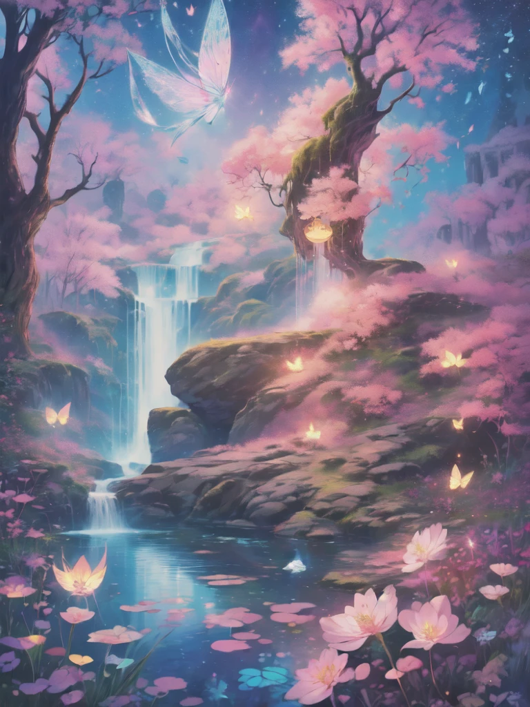 ((best quality)), ((masterpiece)), (detailed), ethereal beauty, perched on a pink blossom tree, (fantasy illustration:1.3), enchanting gaze, captivating pose, solo girl, delicate butterfly wings, otherworldly charm, mystical sky, (Luis Royo:1.2), (Yoshitaka Amano:1.1), moonlit night, soft colors, (detailed cloudscape:1.3), (high-resolution:1.2) (dragon flying in the sky) long white dress, legs dangling above pond, long victorian dress,