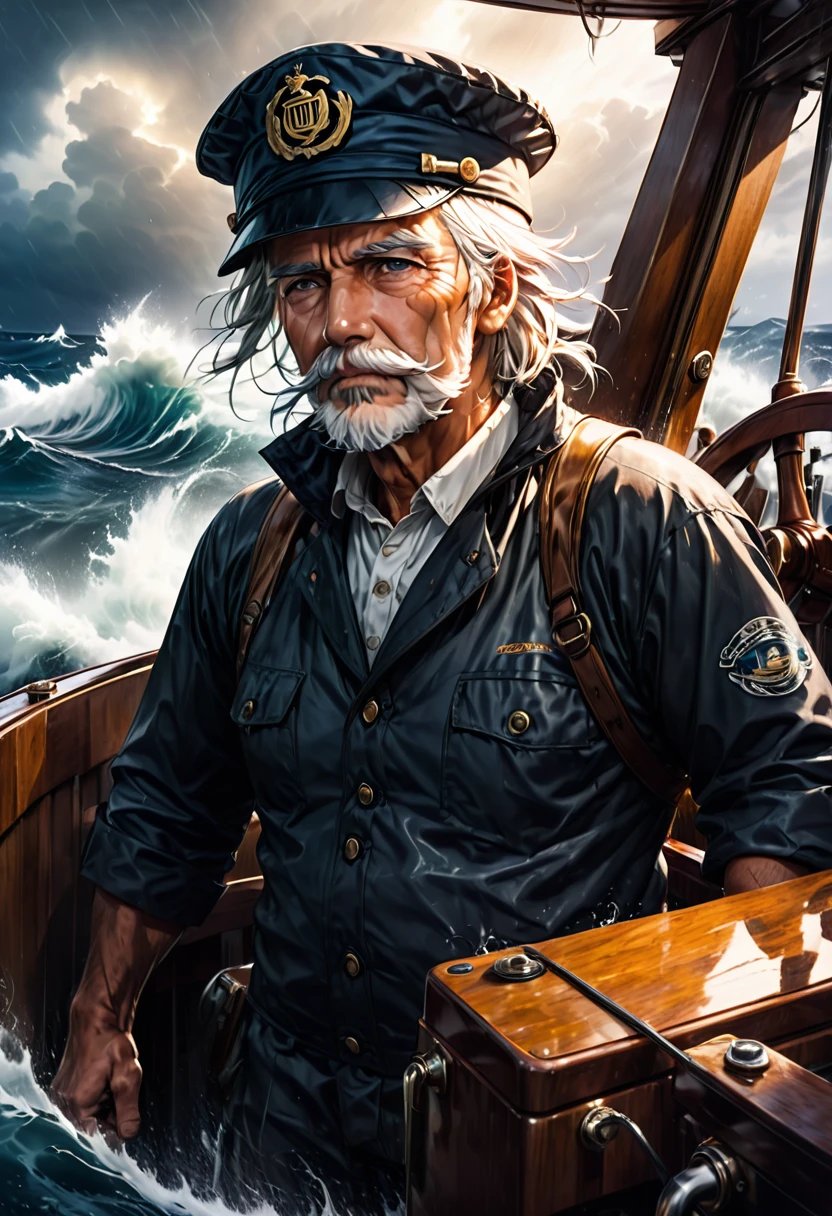 ((an old fisherman with white hair and a white beard, standing at the helm in the wheelhouse of his pilothouse boat and steering it through the rough stormy sea)), (Rain lashes against Pilothouse Window:1,2), heavily tanned face, deep facial wrinkles, he is wearing a fisherman's cap and has a tobacco pipe in his mouth from which smoke is rising, huge waves, rough waves, God's rays, foaming water, dramatic light, ray tracing, 