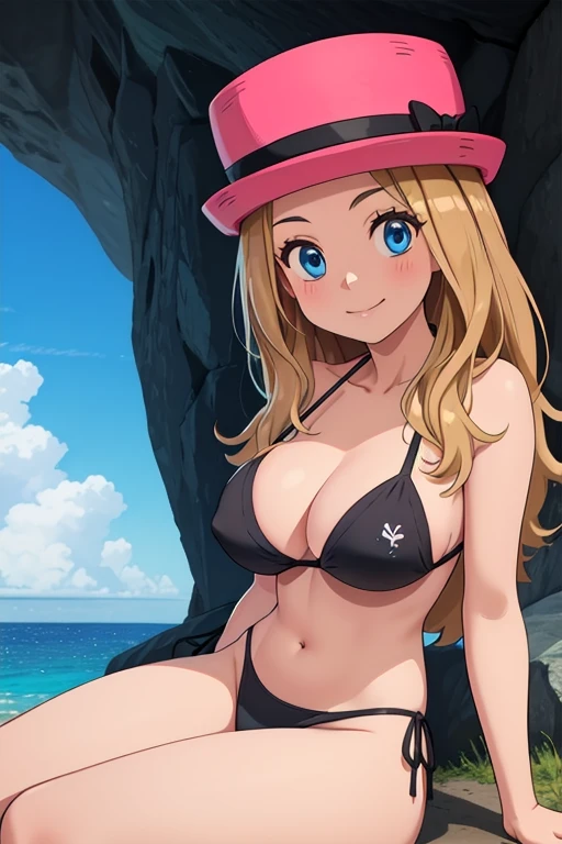 Packing Serena, 1 girl, alone, blue eyes, Blonde, Long Hair, low-tied Long Hair, have, Pink hat,
smile,Mouth closed,Cowboy Shot,Sitting,
Ocean,Outdoor,inside the cave
(Very detailed, Beautiful and elaborate face, masterpiece, highest quality) Cinema Lighting,、Big Breasts、Black Bikini、Black Thong、Pasties