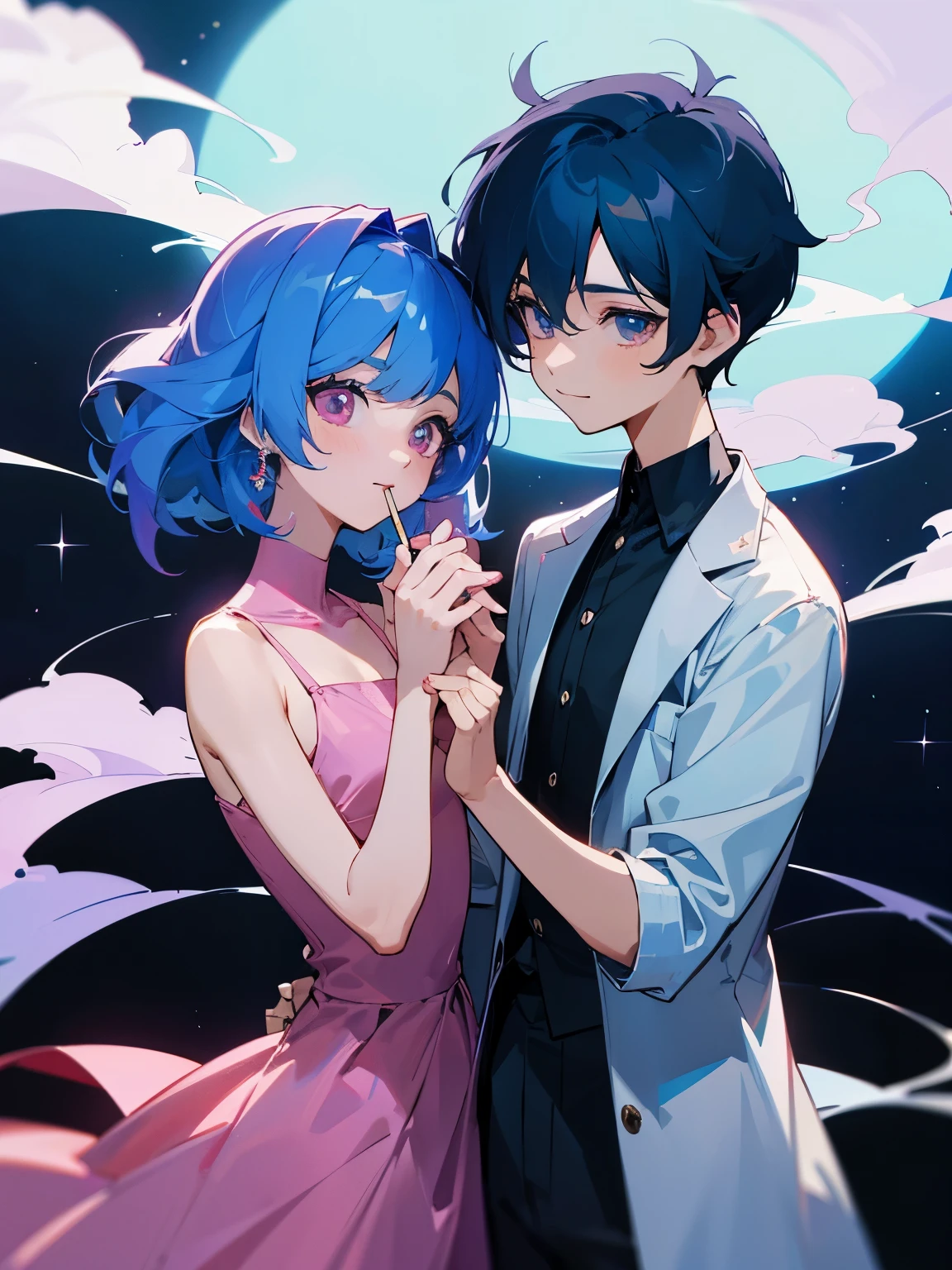 cartoon of two boys in cool positions standing close together, ddlc, in the art style of 8 0 s anime, 9 0 s anime style, 90s anime style, in anime style, in an anime style, anime aesthetic, anime vibes, 9 0 s anime aesthetic, 9 0 s anime art style, lofi boys, beautiful background outside, background at night with stars and a moon, fairy lights, beautiful background in a floral garden with fairy lights at night, two cute boys, beautiful faces, two boys, don't extra hands, NO extra hands, generate two boys with NO extra hands, NO extra arm, the two boys has a short hairstyle, one boy has blue hair, the other boy has black hair, pretty faces, two cute pretty boys in a smoking dress, with amazing smile, the two boys has a pretty smile, 