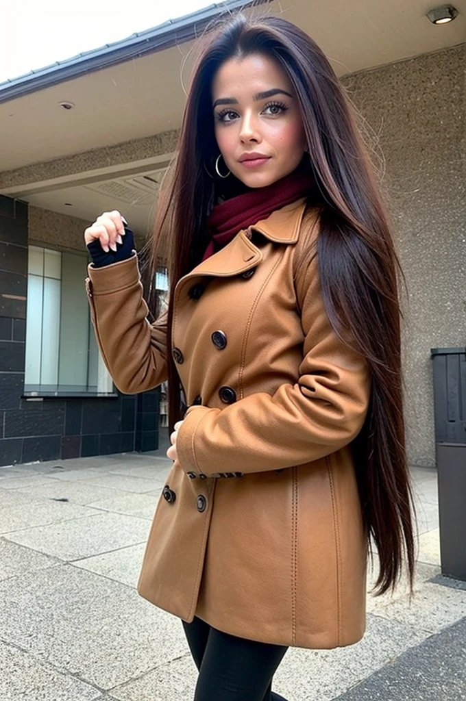 Editorial Photography 2000's style, a beautiful, gorgeous, elegant, classy spanish woman, she has straight brunette hair, and she has a beautiful winter outfit, a double breasted tan brown leather coat, black trousers, a scarf and boots, also she's carrying a dark brown leather backpack. She's glad, joyful, cherful, she looks like a dream, she looks so radiant, splendid, amazing. She's at park on afternoon and she's possing for camera.