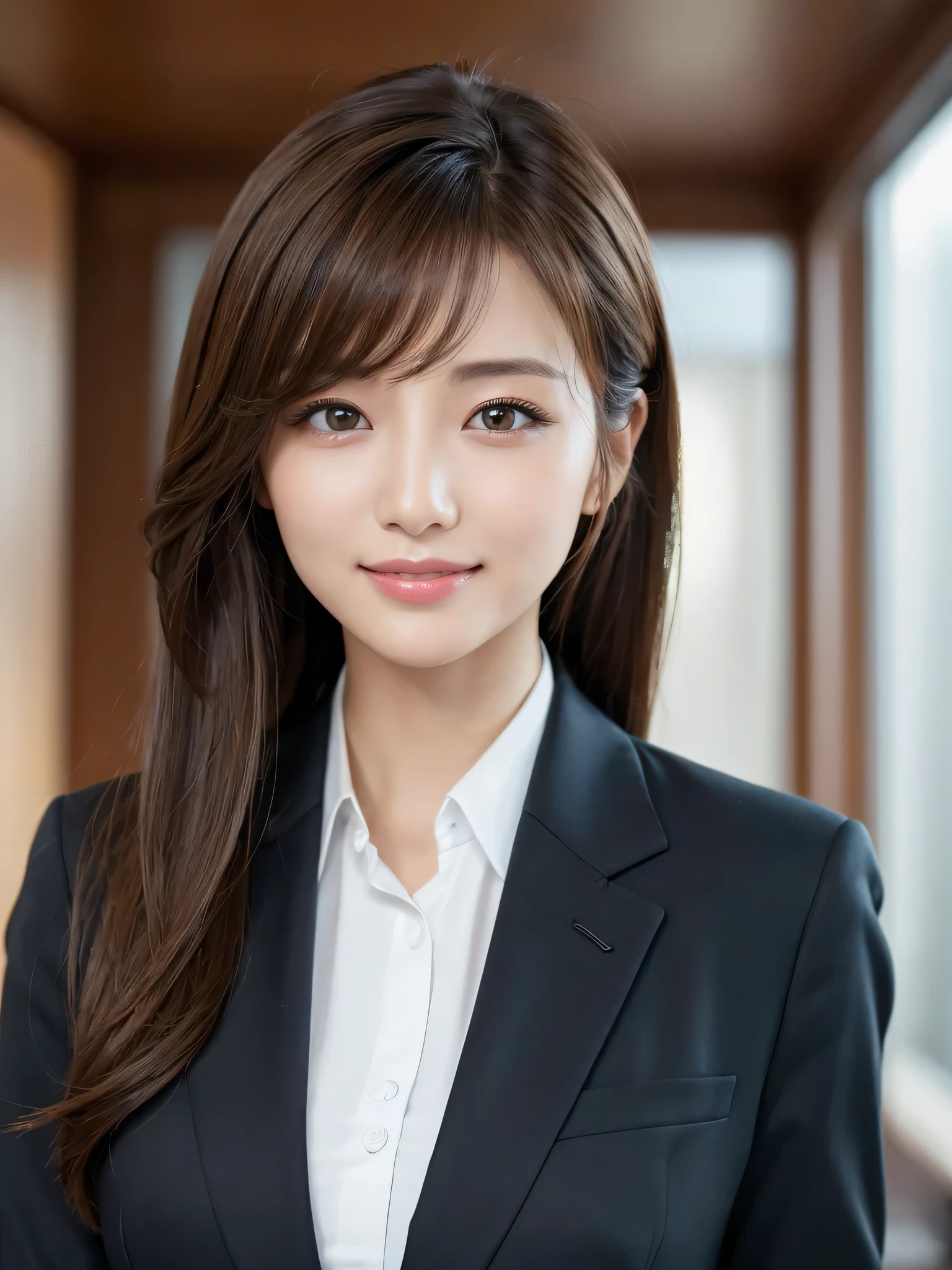 table top、highest quality、genuine、Super detailed、finely、High resolution、8k wallpaper、one beautiful woman、、、light brown disheveled hair、wearing a business suit、sharp focus、perfect dynamic composition、beautiful and detailed eyes、thin hair、Detailed genuine skin texture、smile、model body shape、In Tokyo at morning、