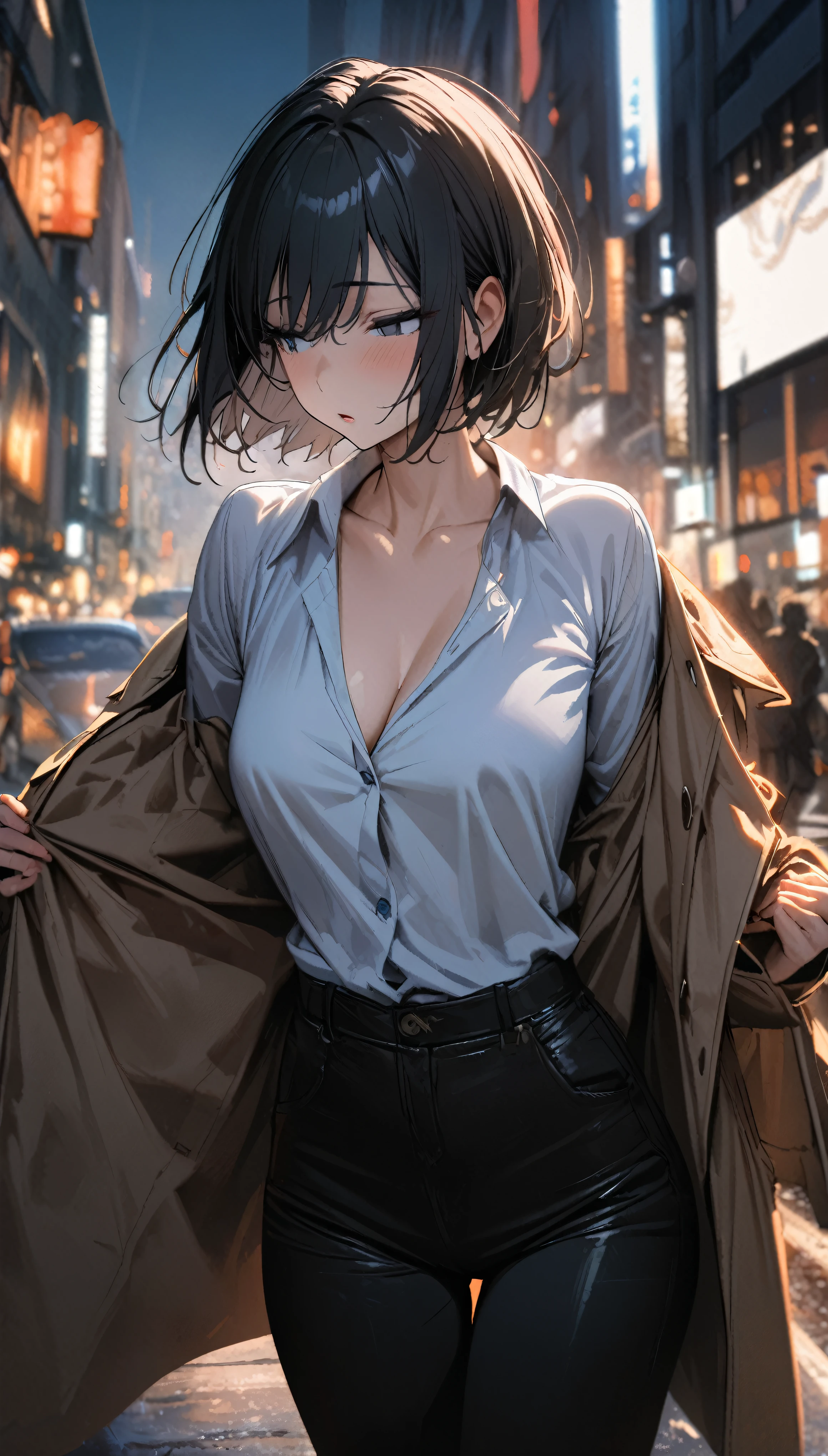 1 woman , slightly open eyes, sleepy eyes, short bob hair, boyish, neckless, trench coat, long pants, business shirt, on the city, dark, ultra detailed, masterpiece