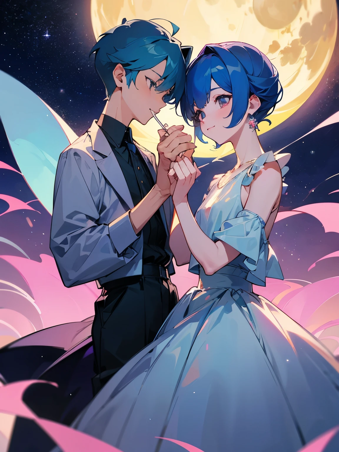 cartoon of two boys in cool positions standing close together, ddlc, in the art style of 8 0 s anime, 9 0 s anime style, 90s anime style, in anime style, in an anime style, anime aesthetic, anime vibes, 9 0 s anime aesthetic, 9 0 s anime art style, lofi boys, beautiful background outside, background at night with stars and a moon, fairy lights, beautiful background in a floral garden with fairy lights at night, two cute boys, beautiful faces, two boys, don't extra hands, NO extra hands, generate two boys with NO extra hands, NO extra arm, the two boys has a short hairstyle, one boy has blue hair, the other boy has black hair, pretty faces, two cute pretty boys in a smoking dress, with amazing smile, the two boys has a pretty smile,