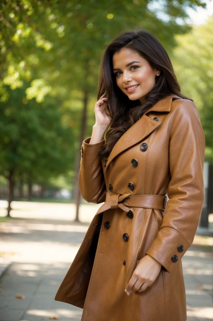 Editorial Photography 1980's style, a beautiful, gorgeous, elegant, stylish, classy spanish woman, she has straight brunette hair, and she has a beautiful winter outfit, a double breasted tan brown leather coat with boots, also she's carrying a dark brown leather backpack. She's glad, joyful, cherful, she looks like a dream, she looks so radiant, splendid, amazing. She's at park on afternoon and she's possing for camera.
